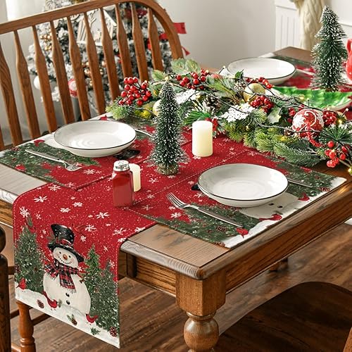Miniatura 5 de Artoid Mode Juego de 6 manteles individuales de Navidad con diseño de muñeco de nieve, cardenales, árboles, para mesa de comedor, 12 x 18 pulgadas,