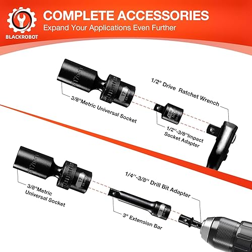 Miniatura 6 de BLACKROBOT Juego de dados giratorios de 38 pulgadas, juego de llaves de impacto universal de 14 piezas, métricas (0.394-0.748 in), juego de enchufes