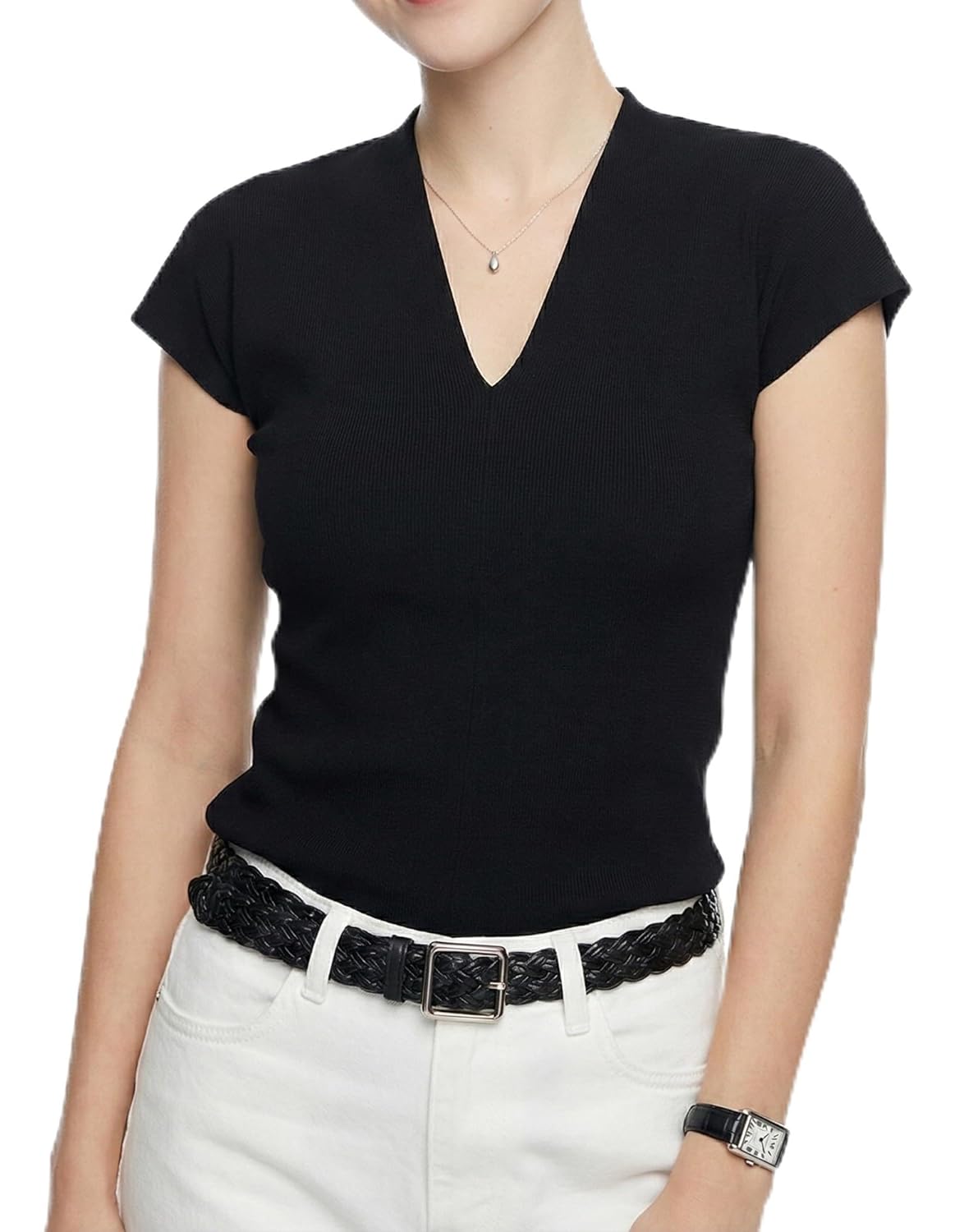 Trendy Women Ribbed Top V-Neck Short Sleeve Lightweight Tight Work Pullover Petite Black S