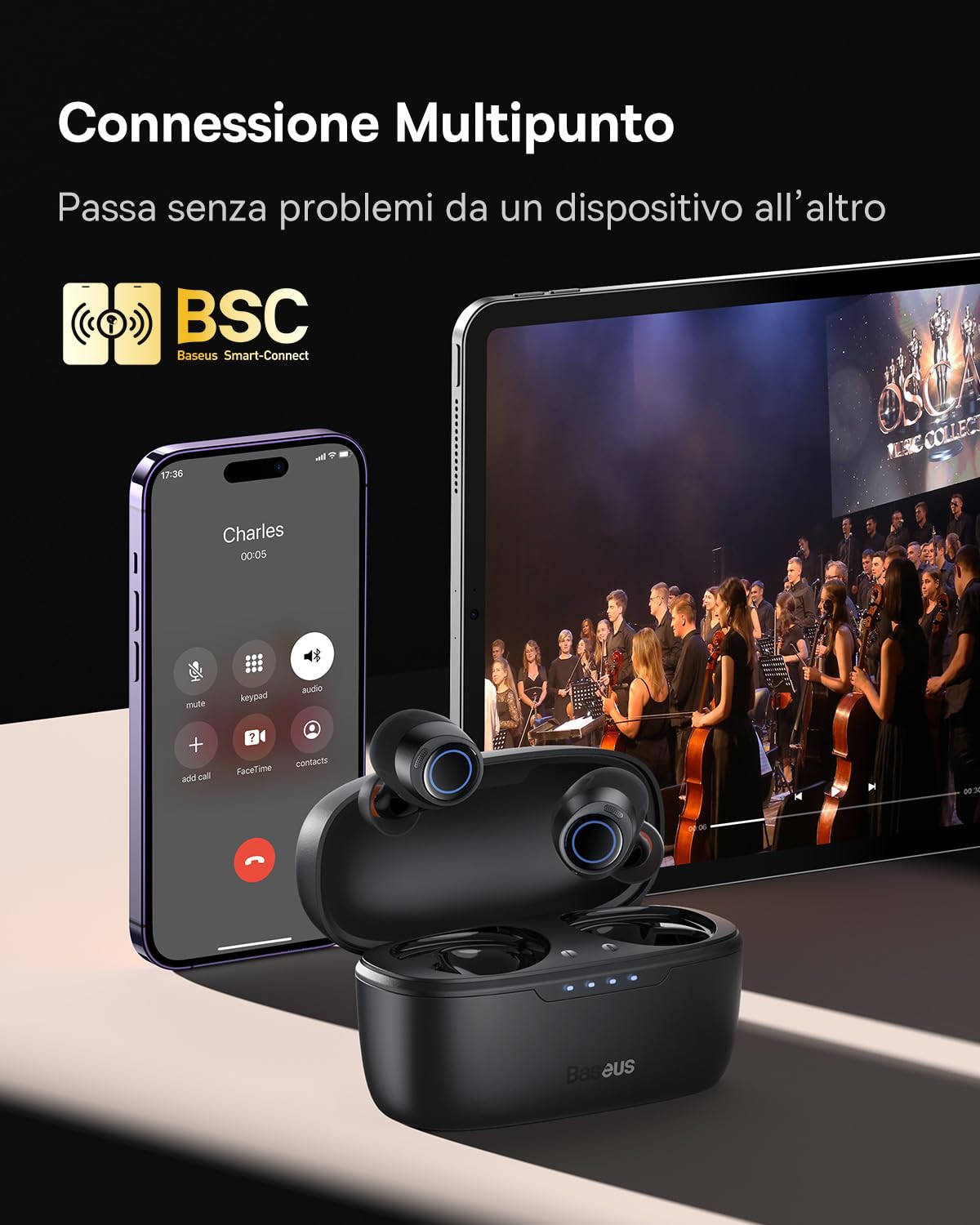 Baseus Cuffie Bluetooth con Cancellazione Attiva Ibrida del Rumore da -48dB, Riproduzione di 140 0re, Waterproof IPX6, 4 Microfoni ENC, Bassa Latenza di 0,038s, Auricolari Bluetooth 5.3 - Bowie MA10
