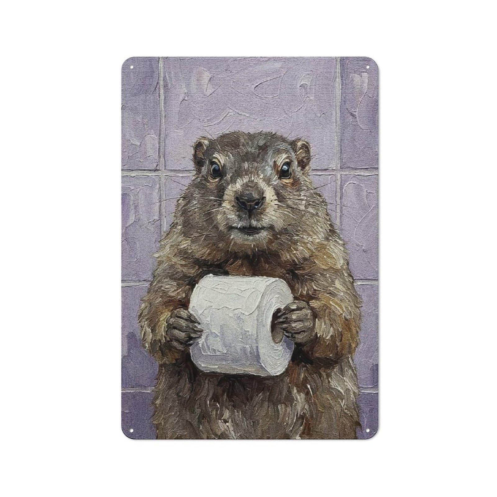 Junmoney Style-12 Groundhog Holding Toilet Paper Roll Painting Metal Wall Sign 30X20cm, Retro Decor For Workshop Wall, For Garage, Workshop And Man Cave Decoration
