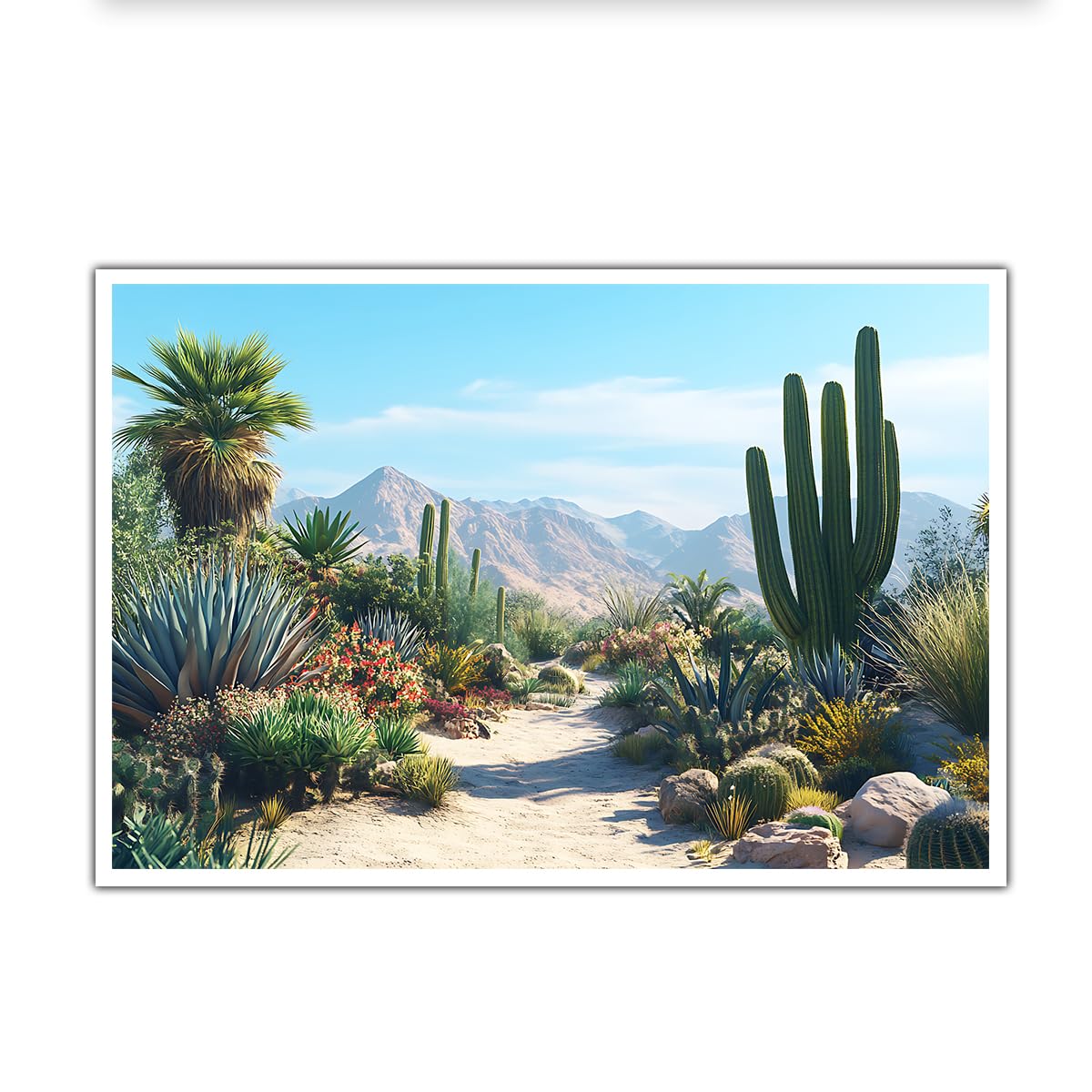 CHERHERART Modern Abstract Poster Prints Cactus and Mountains Canvas Wall Art Painting for Living Room Desert Landscape Canvas Picture Artwork 75x115cm Frameless