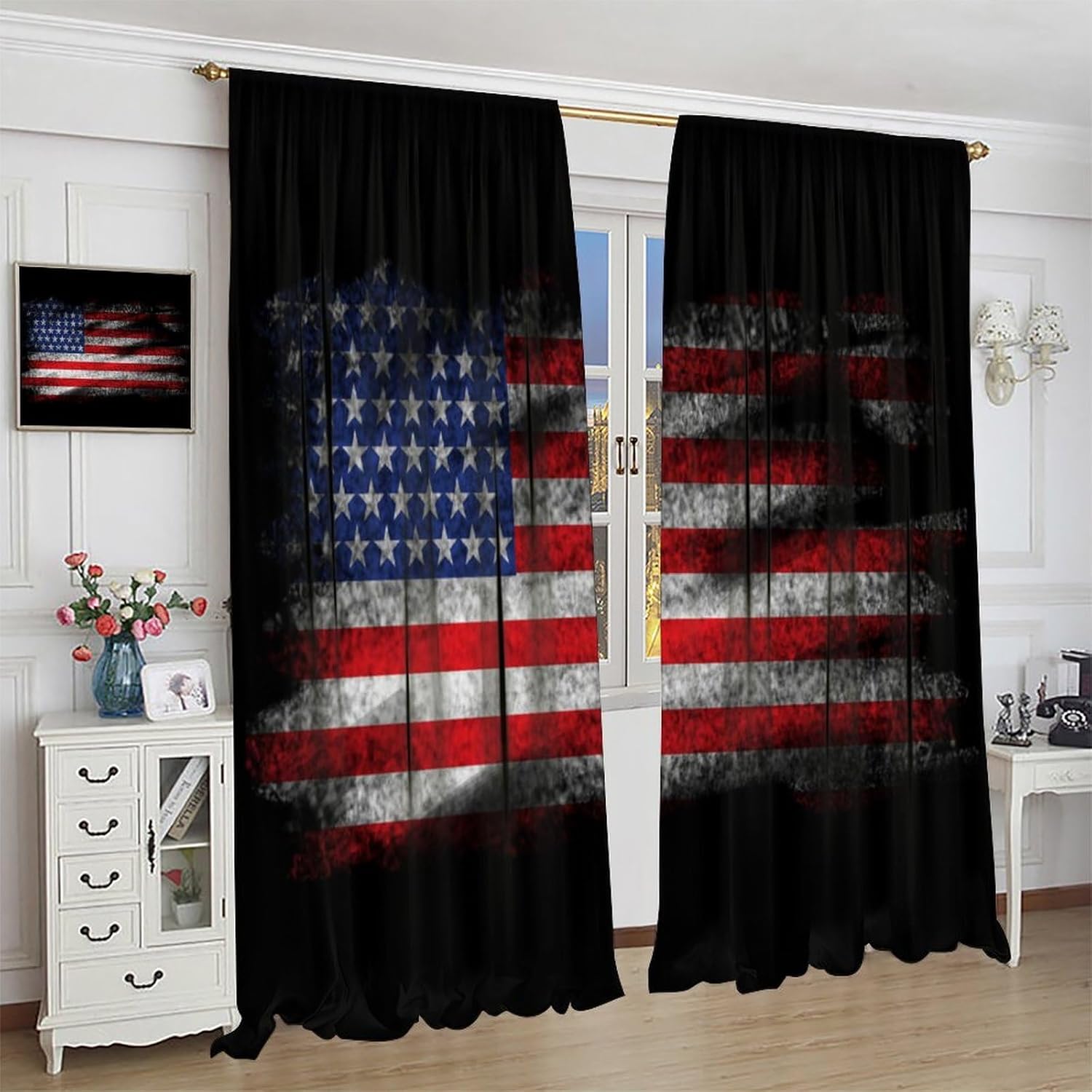 American Flag Blackout Curtain Independence Day Window Curtain Flag Patriotic Country Darkening Drapes for Cafe Kitchen Dining Room Bedroom Living Room Office 63x72 in