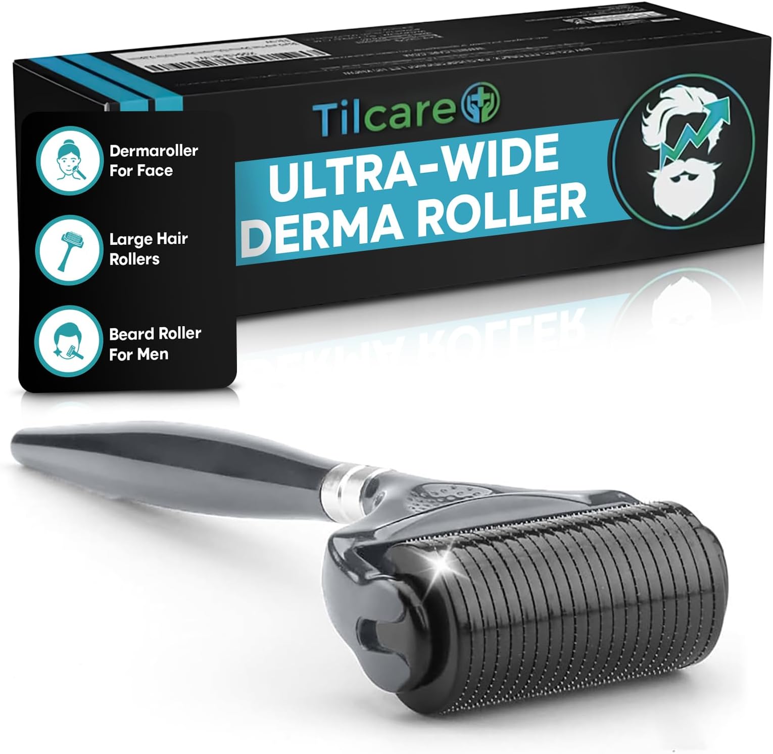Beard and Hair Ultra Wide Derma Roller (1Pack) by Tilcare - Sterile 1200 Grade A Titanium Microneedles Titanium Derma Roller 0.25mm