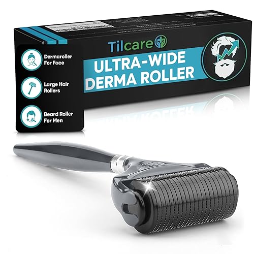 Beard and Hair Ultra Wide Derma Roller (1Pack) by Tilcare - Sterile 1200 Grade A Titanium Microneedles Titanium Derma Roller 0.25mm