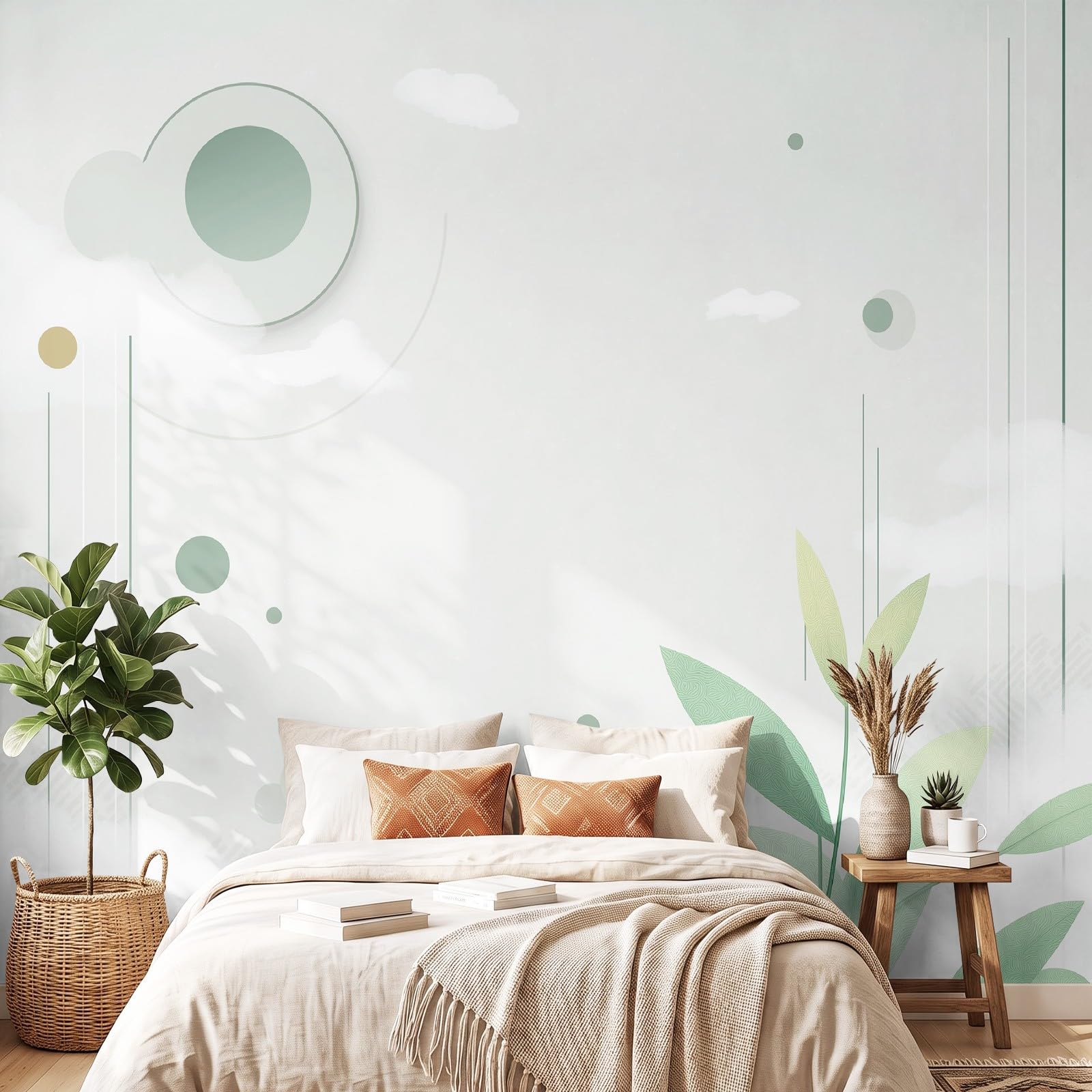 Tapeta minimalistyczna, włóknina, murale ścienne, chmura, szałwia, zieleń, botaniczna, do biura, salonu, sypialni, dekoracja, plakat, obraz, jasnozielony, fototapeta, 200 x 140 cm, dekoracja domu