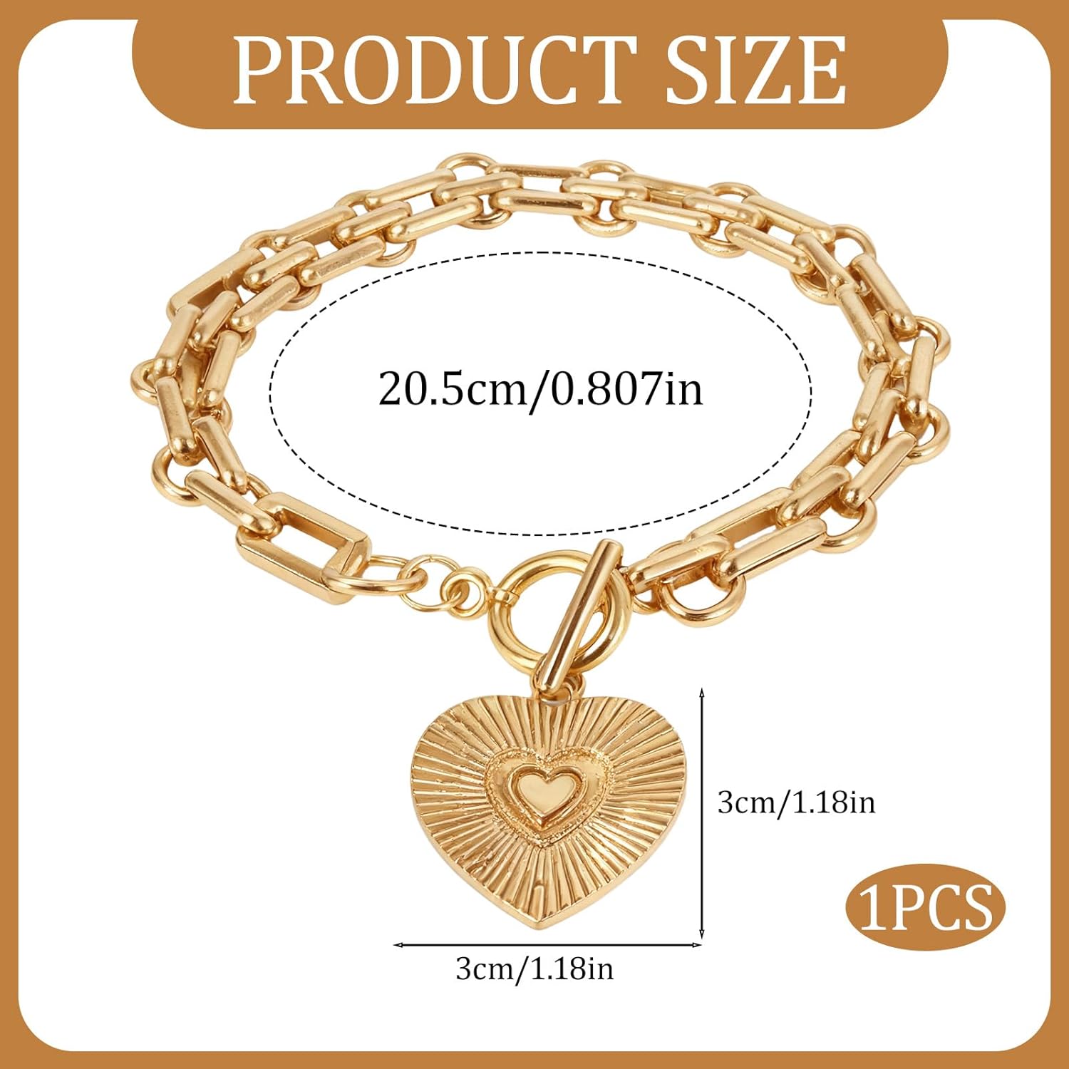 Heart Charm Bracelet for Women,Elegant Metal Big Heart Pendant Chain Bracelet,Chunky Stackable Link Chain Bracelet,Fashion Party Jewelry Accessories,Trendy Valentines Bracelet for Women - Image 2