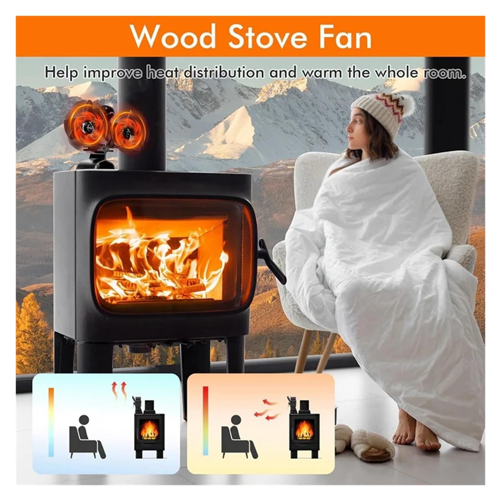 Ventilador de estufa, ventilador de chimenea de doble cabeza, ventilador de estufa de leña, ventilador de estufa de 6 aspas, ventilador de estufa alimentado por calor para quemador de leña/leña,