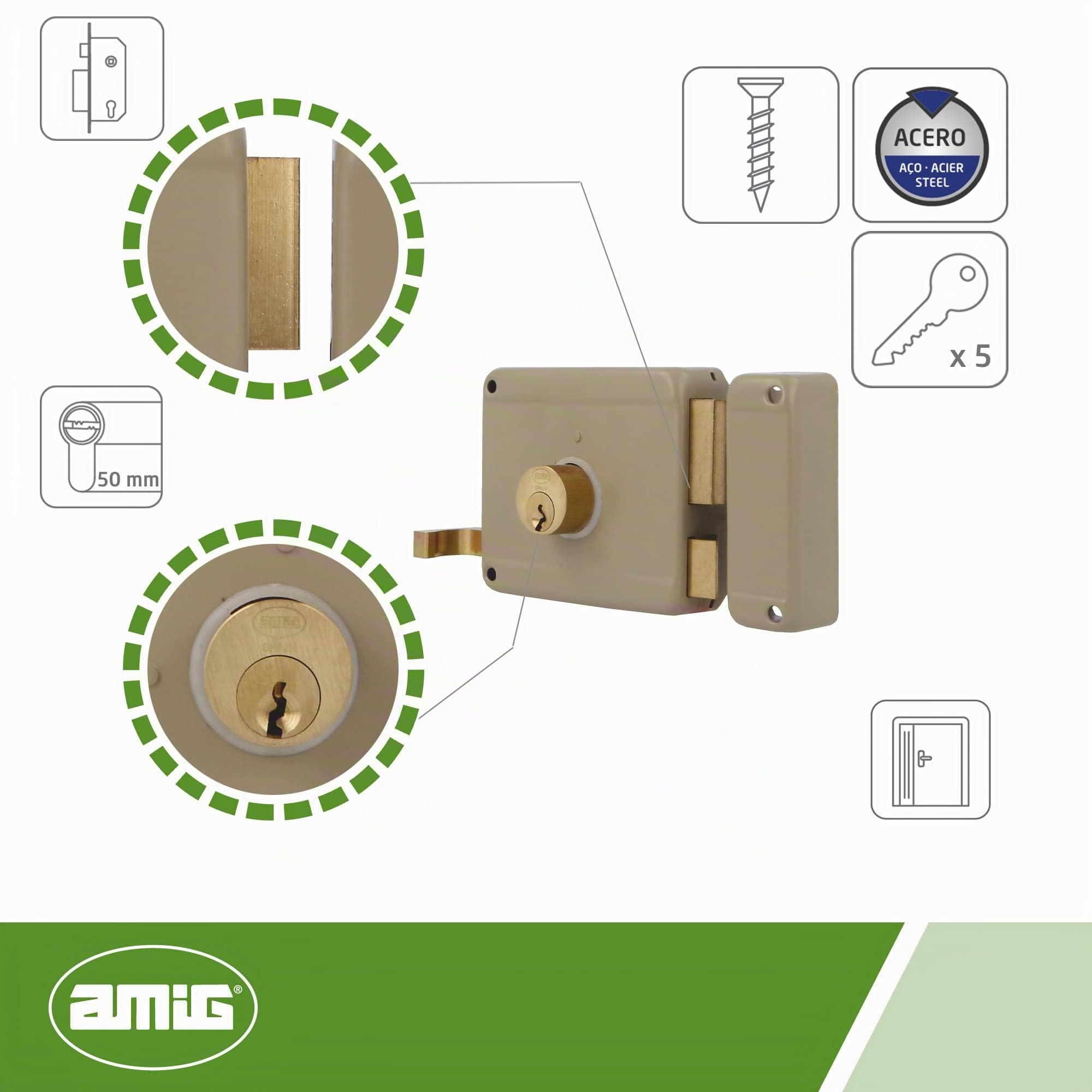 Amig - Serratura a Soprapponere Destra con leva di Chiusura, Linguetta e Maniglia per Porte in Legno Mod. 78 | 100 x 85 mm | Chiavistello con Cilindro Rotondo a Dente di Sega | Acciaio Beige