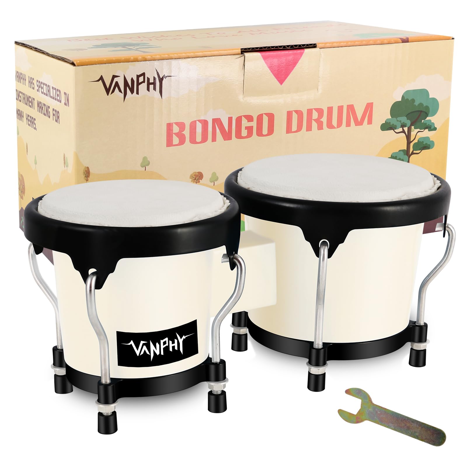 Bongo Drum 4'' and 5'' Set for Adults Beginners Tunable Natural Skin Bongos Percussion Instruments With Tuning Wrench and Gift Box (White)