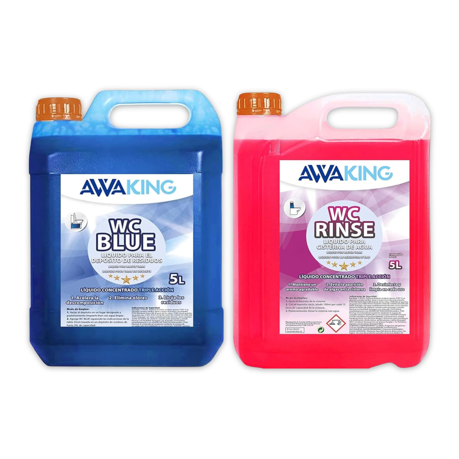Liquido WC Quimico Caravana WC Blue 5L + Rinse 5L,Liquido Autocaravanas Aditivo Aguas Negras + Concentrado Taza WC Cisterna,Caravanas,Depósito Residuos Autocaravanas,Sanitary Fluid,Líquido Potty