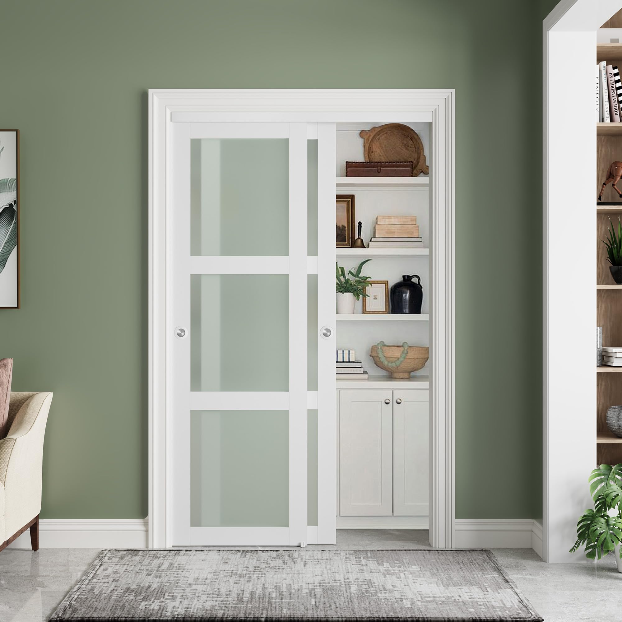 SMARTSTANDARD Sliding Closet Barn Door 48x80 Inch (Double 25') with 3-Lite Frosted Glass