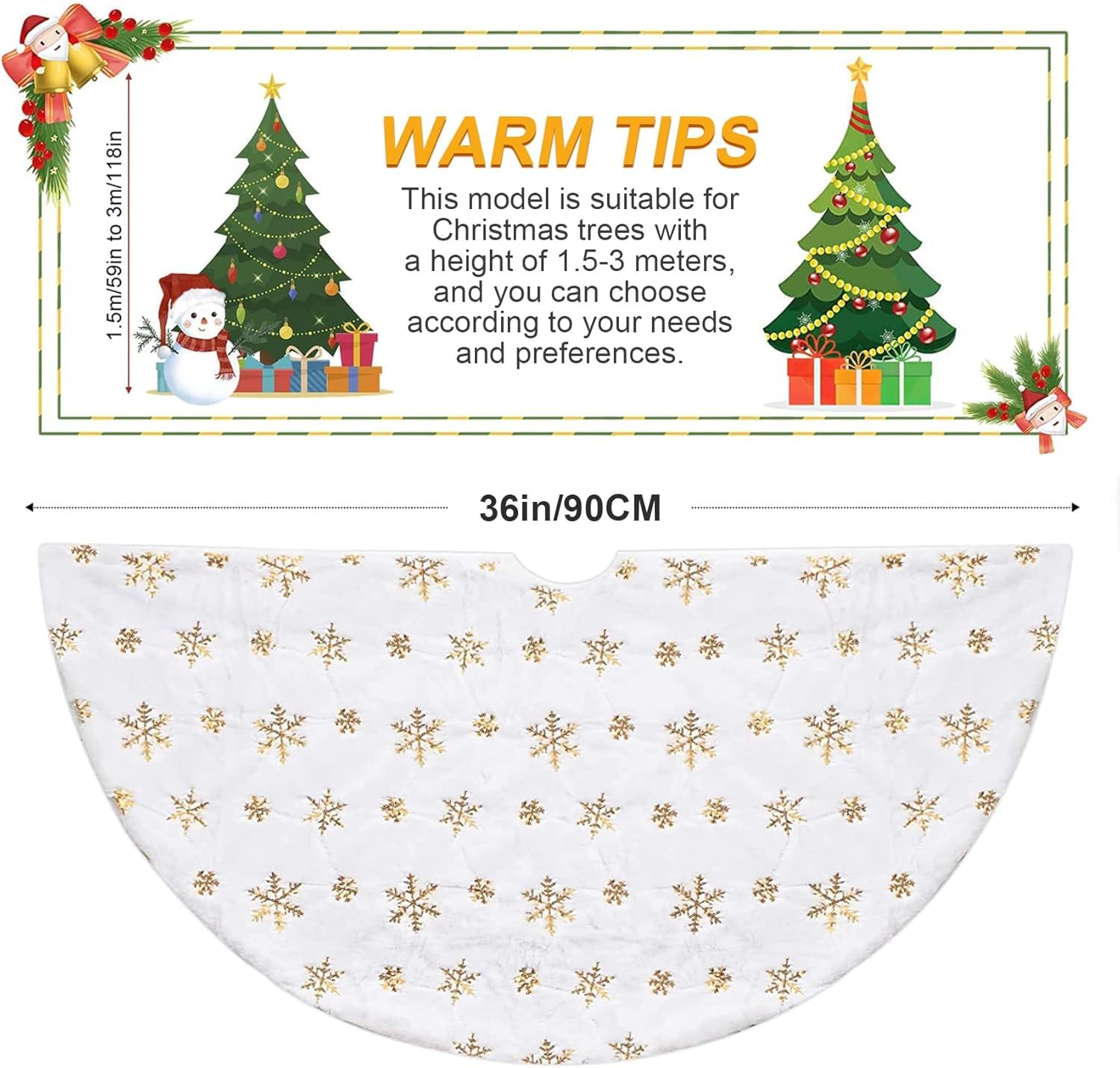 Jupe De Sapin Noël Blanche - Tapis Neigeux 90cm Avec Flocons Dorés - Cache Pied Sapin