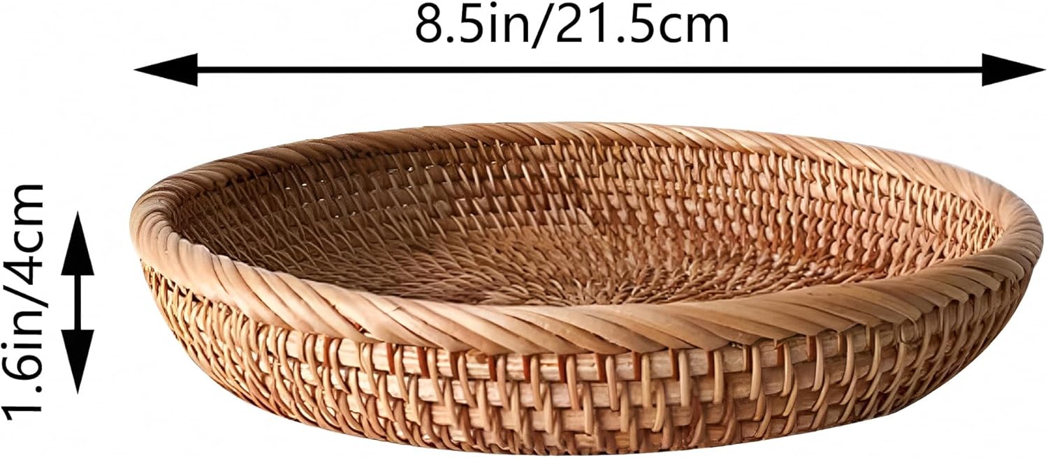 Set of 2 Round Rattan Fruit Bowls (8.7 Inch) – Handwoven Wicker Bread Baskets for Serving – Shallow Decorative Trays for Coffee Table, Entryway Keys & Catchall – Boho Kitchen Decor