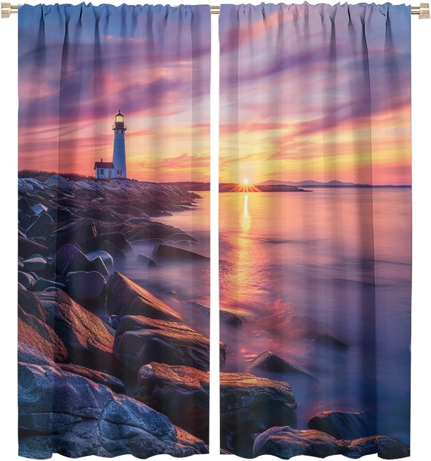 Romantic Lighthouse Seaside Blackout Curtains for Bedroom Living Room, Coastal Sea Sunset Landscape Curtains Rod Pocket Thermal Insulated Window Drapes, 2 Panels/Each 21" W x 45" L
