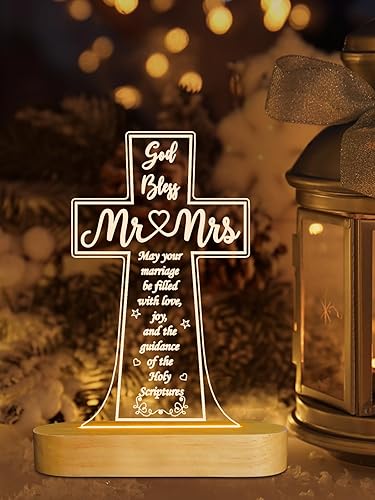 Miniatura 7 de Ammonite Regalos de boda, luz nocturna de madera con cruz, lámpara de decoración para marido y esposa, boda, compromiso, aniversario, día de San