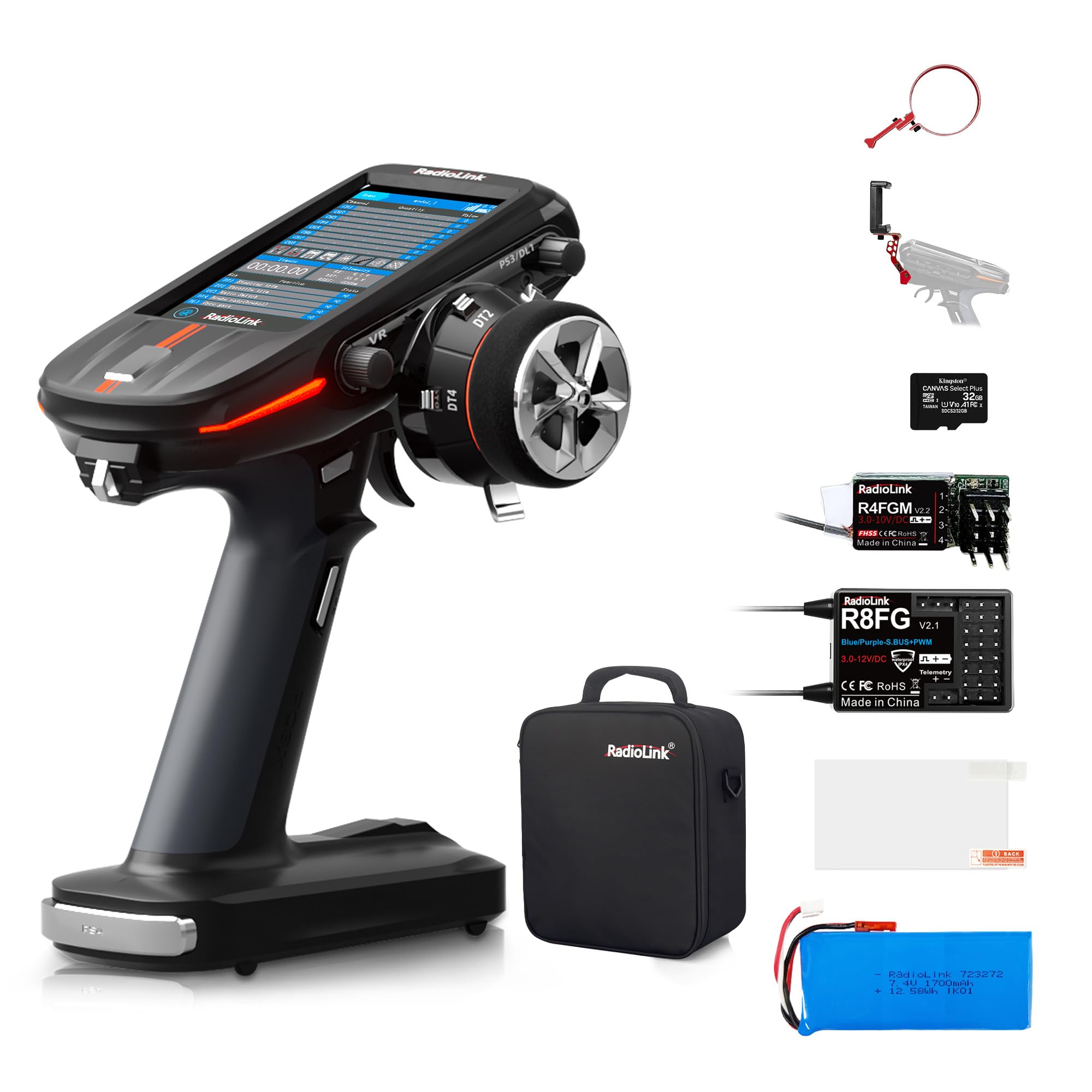 Radiolink RC8X 8 CH 2.4G RC Transmitter and R8FG&R4FGM V2.2 Gyro Receiver, Holder Mount FPV Monitor Screen Phone Bracket and One-Handed Control Adapter, for RC Crawler/Drifting/Cars/Boats