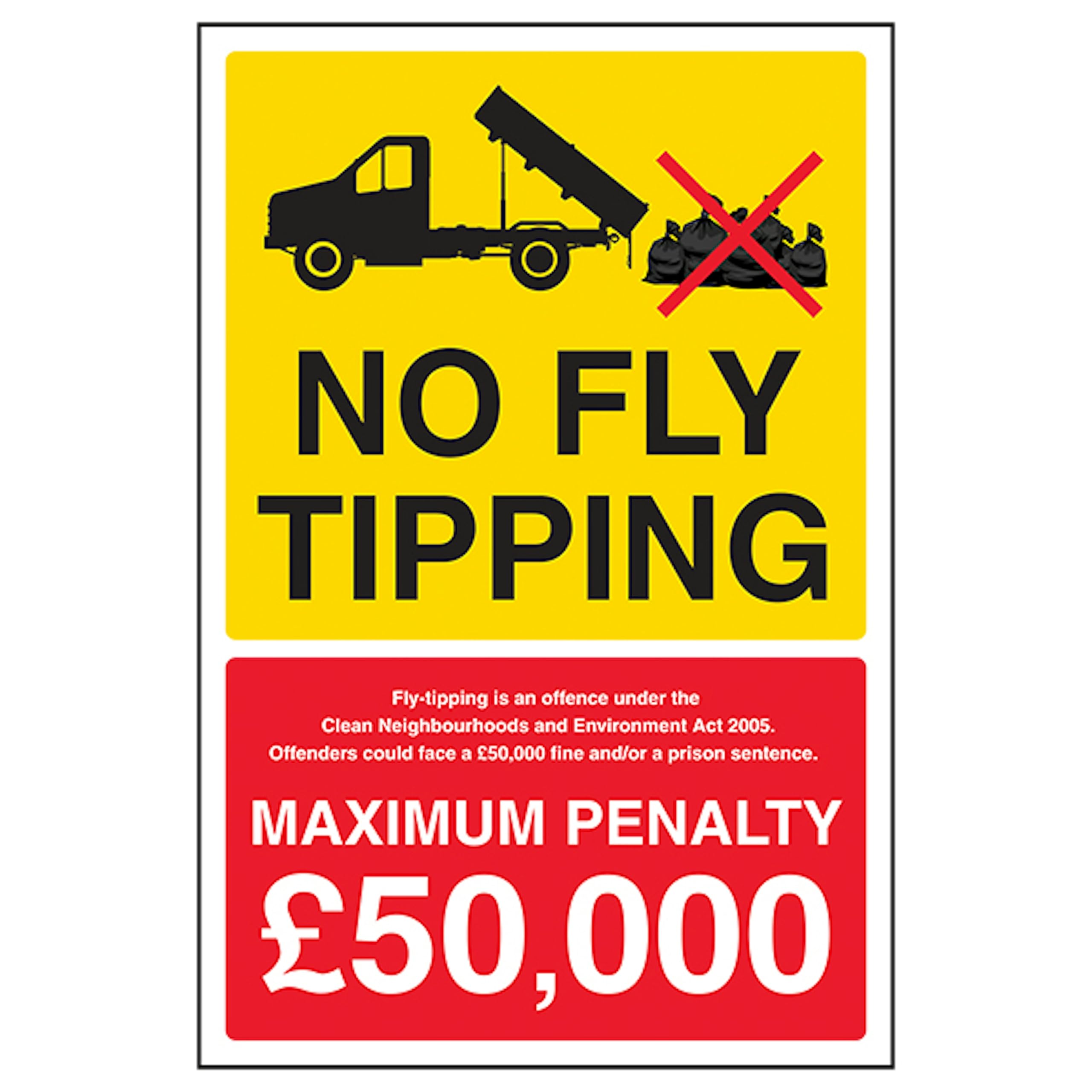 V Safety No Fly Tipping/Fly Tipping Is An Offence/Max Penalty £50,000 200 x 300mm - 3mm Aluminium Composite Safety Sign