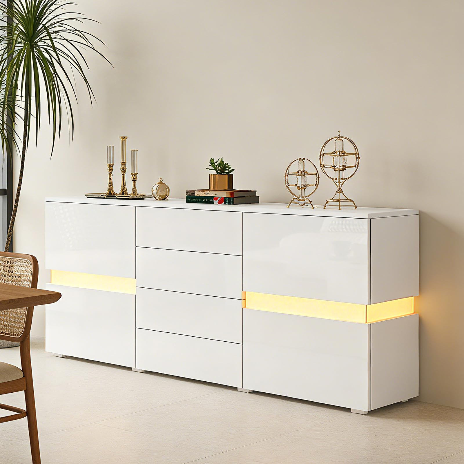 BESTWANTED Anrichte Hochglanz Anrichte für Wohnzimmer Modernes Anrichte Schrank Vitrine mit LED Beleuchtung 2 Türen 4 Schubladen Wohnmöbel (Weiß)