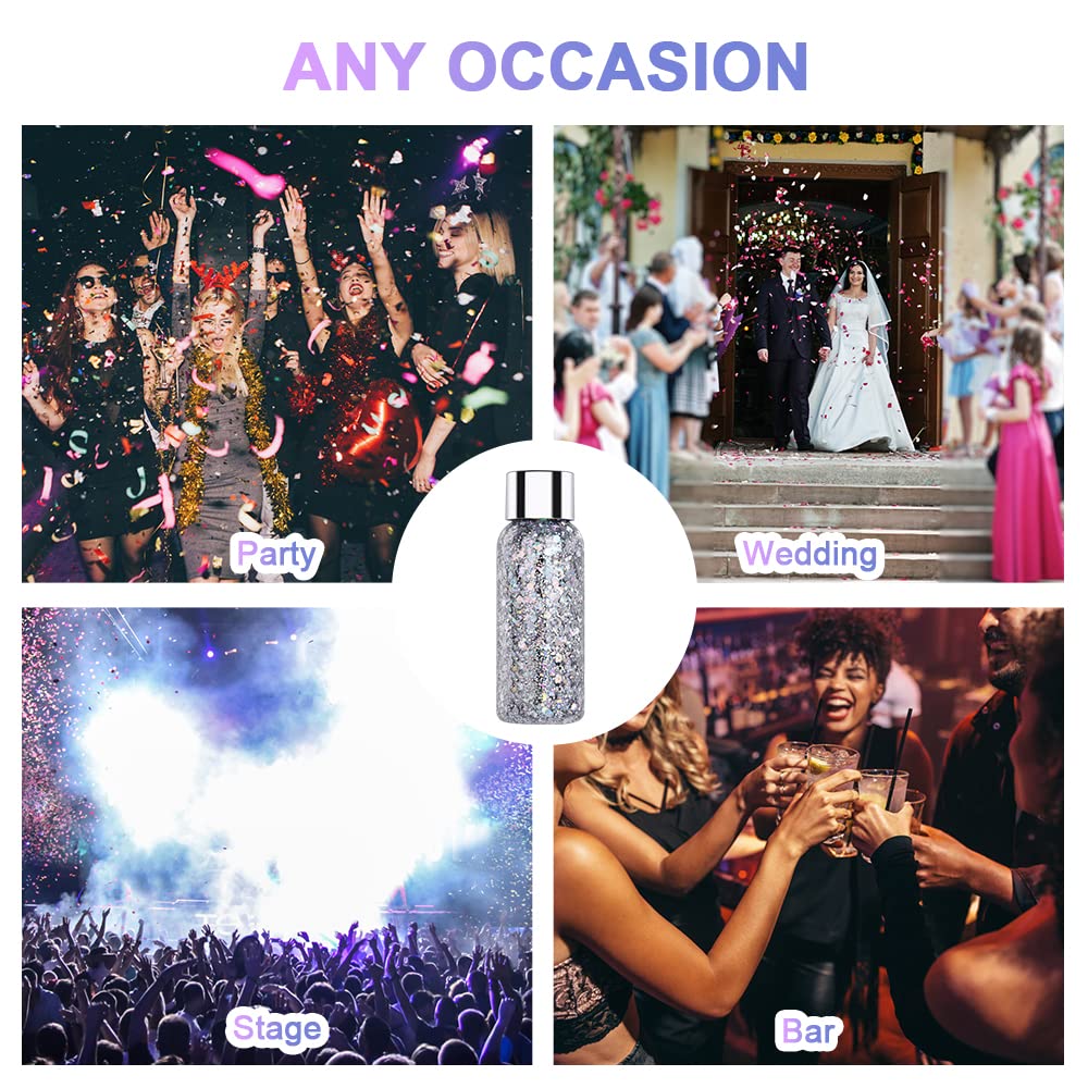 URAQT 1pcs Glitter Corpo e Viso per Unghie, Occhi, Labbra, Capelli - Gel Chunky per Musica, Festival, in Maschera(Argento)