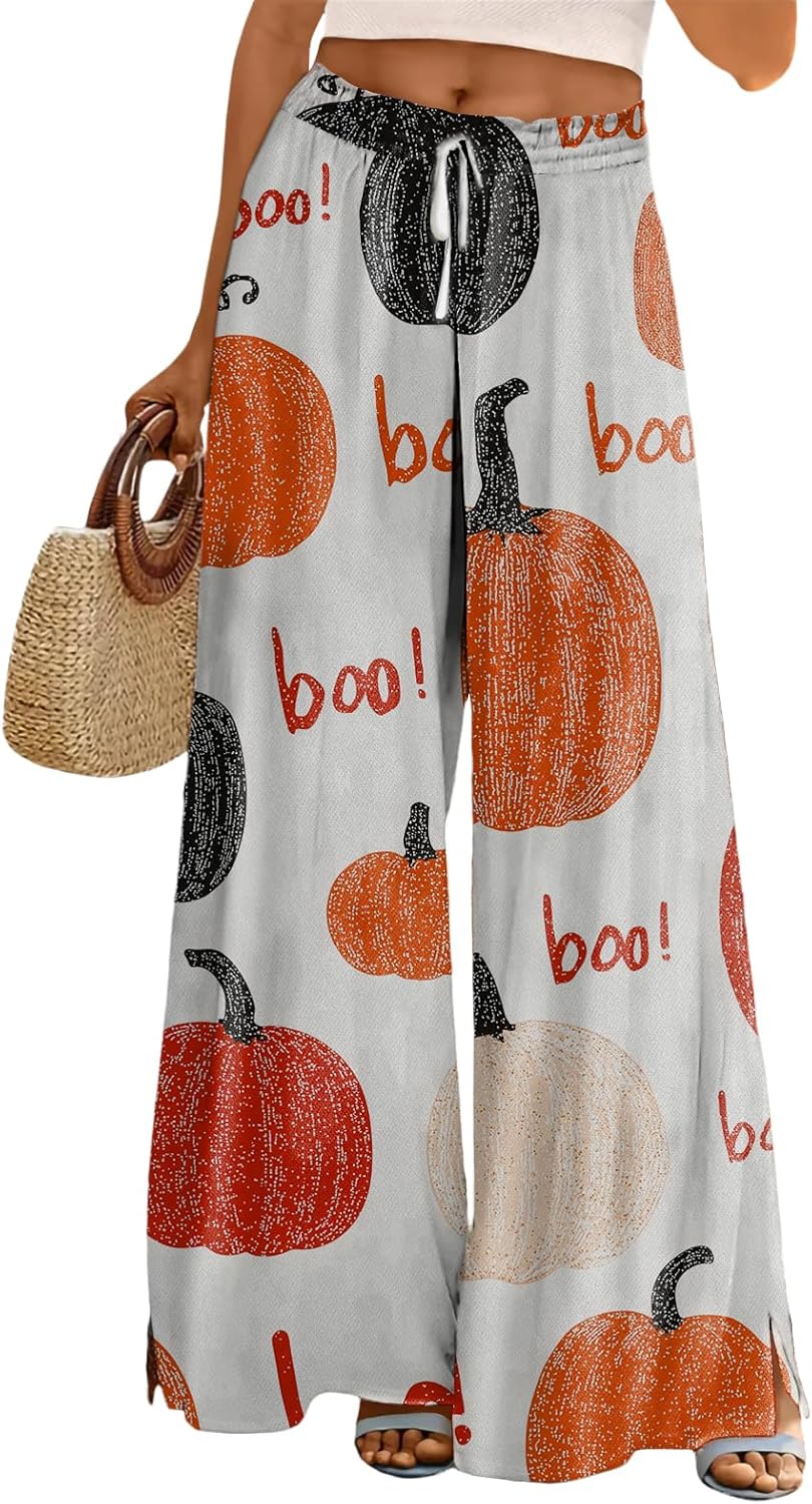 domirica Halloween Pants Women Drawstring Elastic Waist Wide Leg Pants Ladies Pumpkin Ghost Pajama Vintage Street Wear