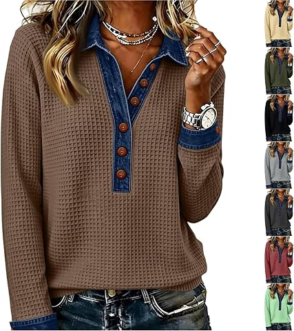 Women's Waffle Knit Sweatshirt with Denim Patchwork