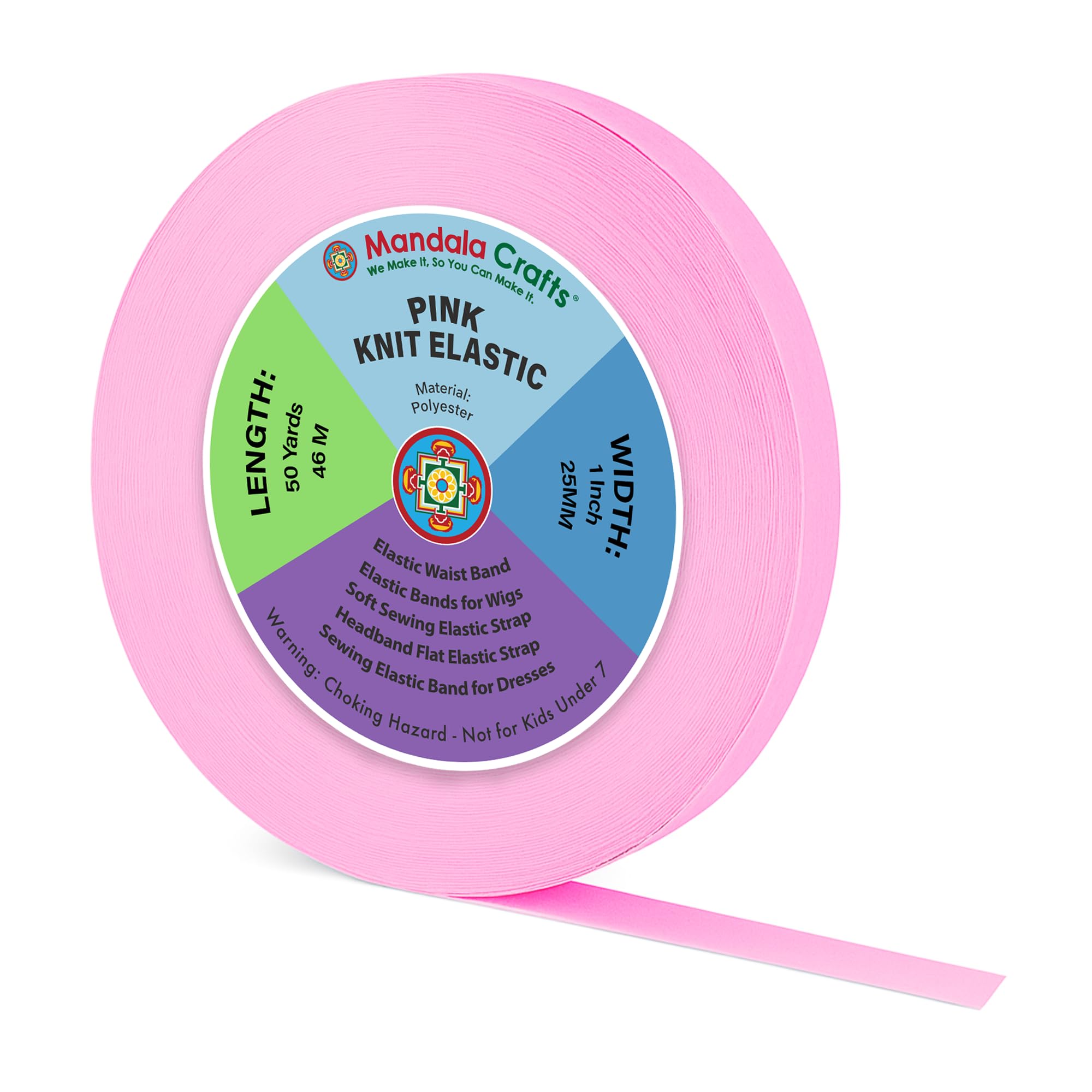 Mandala Crafts Wide 1 Inch Pink Elastic Bands Spool for Pants Waistbands Sewing and DIY Crafts, 50 YD Stretchy Flat Fabric Strap Knit Elastic Band for Wig