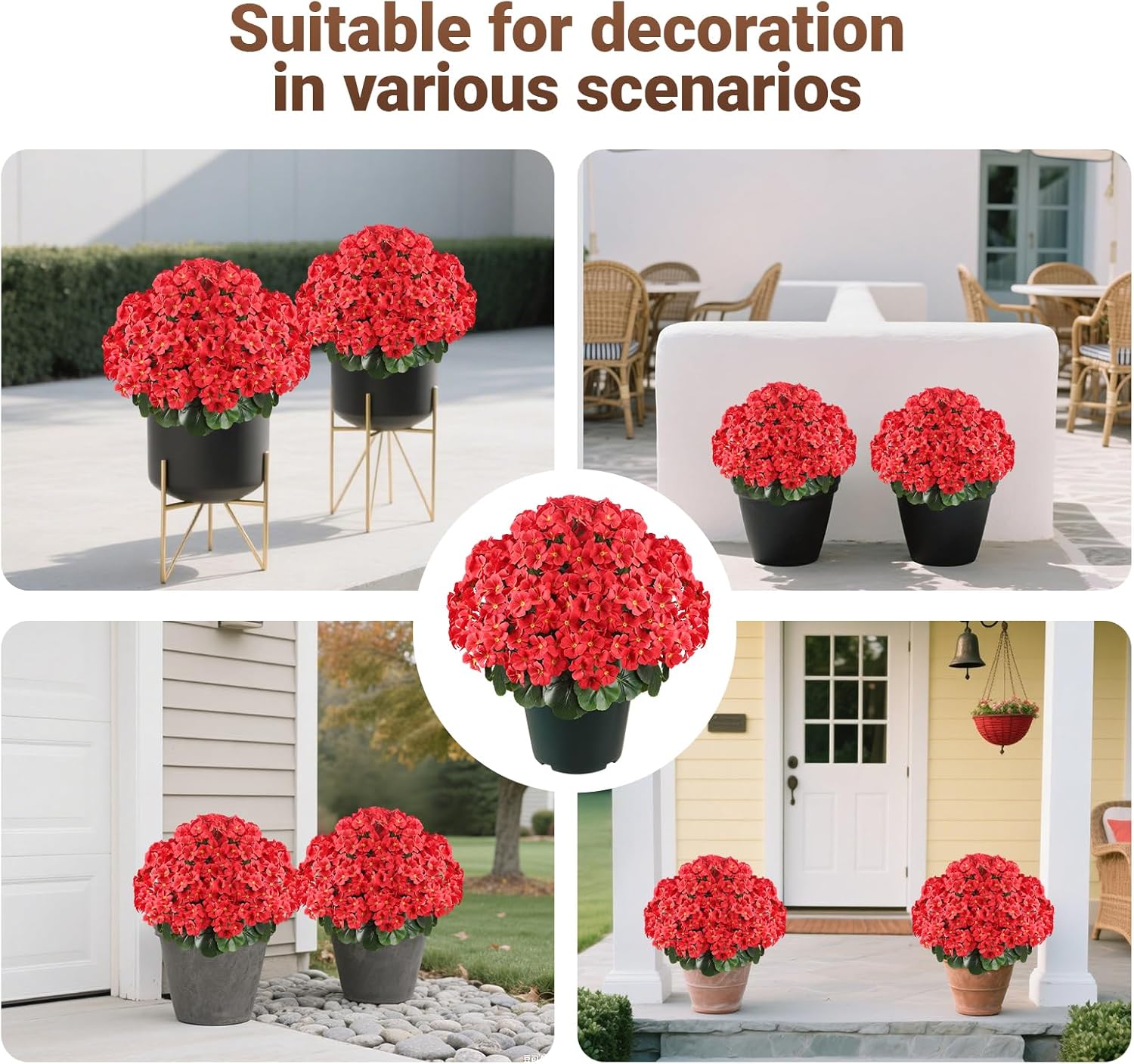 Romantic season 20" Artificial Geraniums Bush in Pot, Outdoor Fake Potted Plant with UV Resistant Red Flowers for Patio, Front Porch, Garden, Balcony & Home Decor
