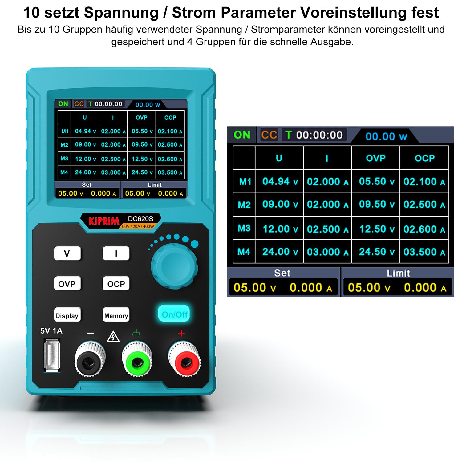 Kiprim Labornetzgerät Programmierbar, 0–60V 0–20A, max. 400W Ausgangsleistung, USB-Schnittstelle, Software auf USB-Stick, für Labor & Werkstatt DC620S