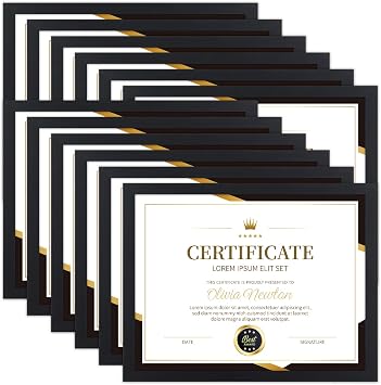 8.5x11 Picture Frame Certificate Frames Set, 12 Count, 8.5 x 11 with 6x8 Mat Frames Bulk for Photos ,Award Certificate Document Diploma, School, Office, Home Display ,Wall or Tabletop Display Black