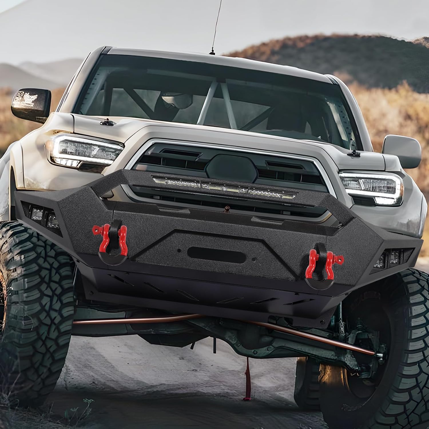 Tacoma Front Bumper Compatible with 2005-2015 Toyota Tacoma 2nd Gen Pickup Truck, Rock Crawler Off-Road Bumper w/Winch Plate & 1x 156W LED Light Bar & 4 x LED Lights & D-Rings, Red Plate is Removable