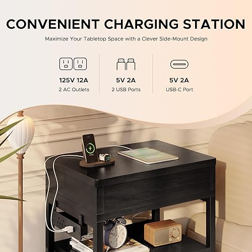 Miniatura 5 de Mesita de noche con cajón oculto y estación de carga - Mesa de noche con estación de carga y almacenamiento deslizante, mesa de noche moderna con 2