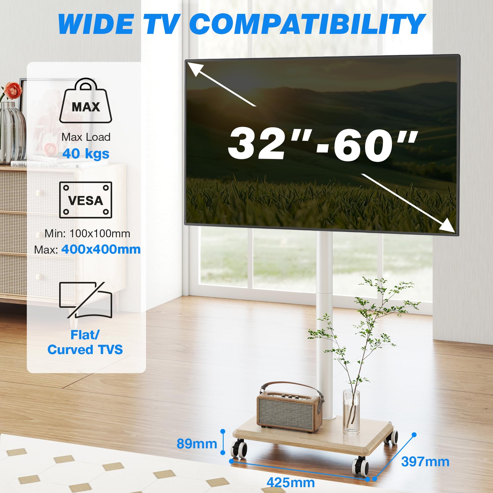 5Rcom Support TV roulettes Blanc pour Téléviseurs 27-60 Pouces, Support TV sur Pied Mobile Réglable en Hauteur et Pivotant avec Base en Bois - VESA Max 400x400mm, Poids Max 40kg (Beige)