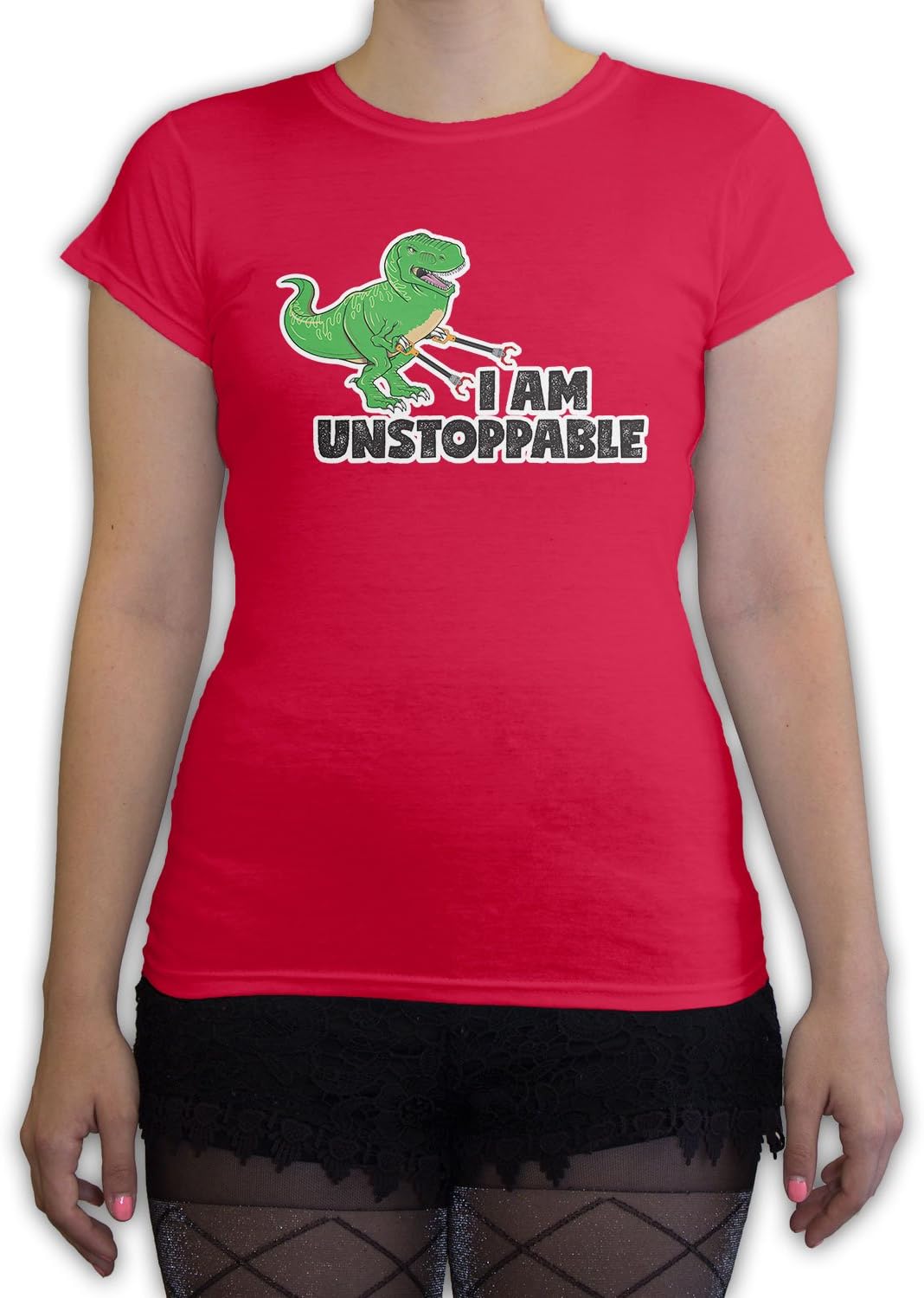 Death By Novelty - I Am Unstoppable T-Rex Women's Fashion T-Shirt Red