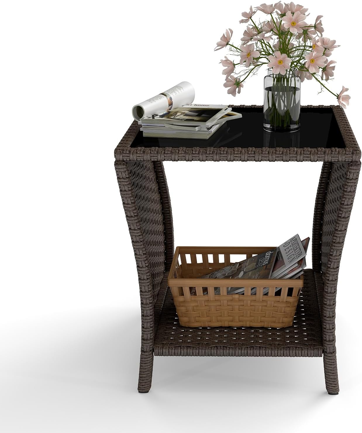 AIIT Rattan Patio Side Table - Outdoor Wicker Coffee Tables with Glass Top, Storage End Tables, Rattan Iron Frame Table for Backyard Lawn Balcony Pool, Dark Brown