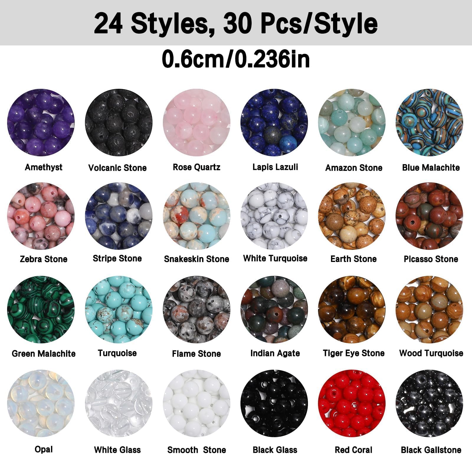 720 cuentas redondas naturales de 6 mm, cuentas sueltas de cristal, cuentas lisas para pulseras, collares, aretes, kit de fabricación de joyas