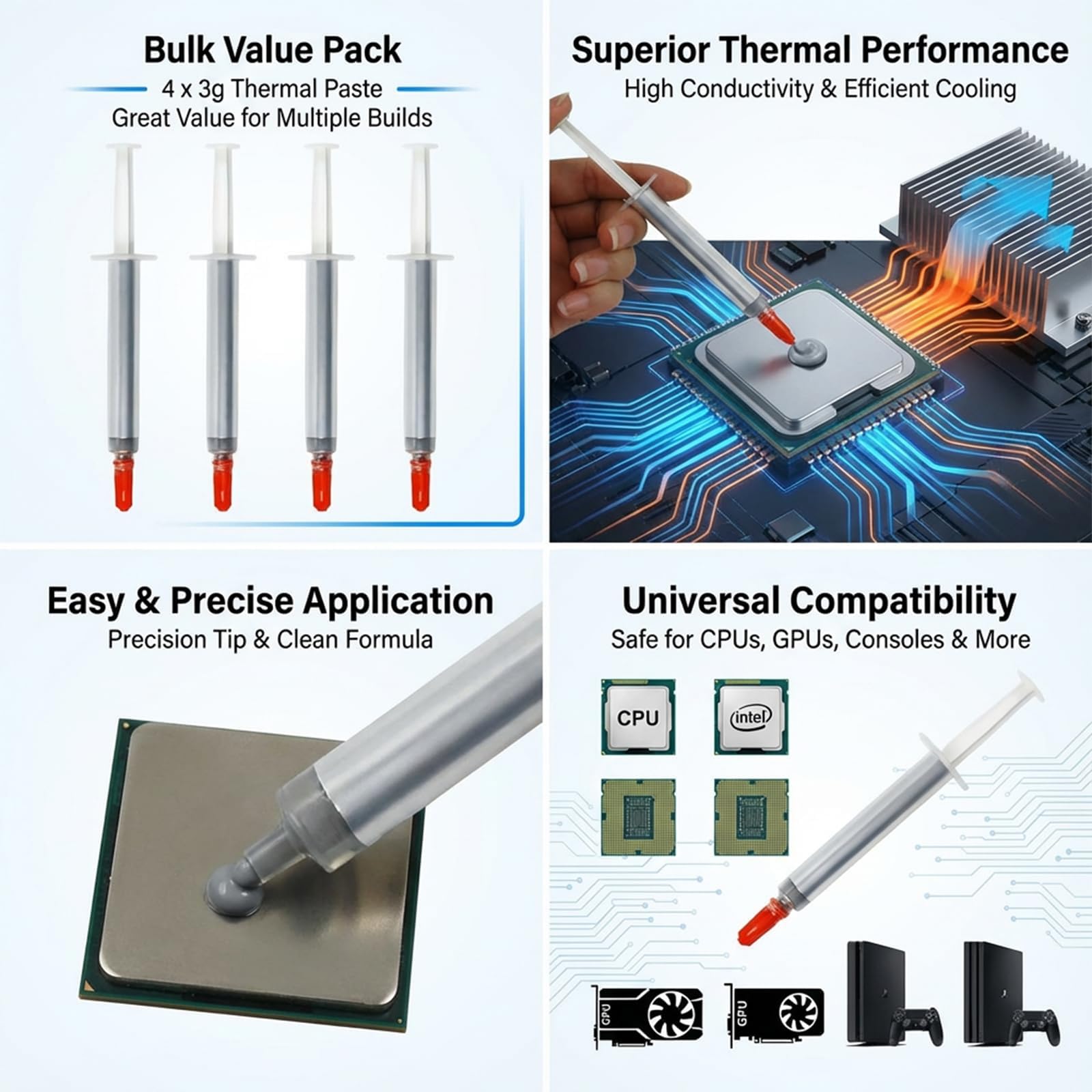 4 PCS Thermal Paste, Each Tube Contains 3g, For Cpu High Performance Thermal Compound Grease With High Thermal Conductivity, Heatsink Paste For Ic, Cpu And All Coolers, Easy Spread Cooling Solution. — view 5
