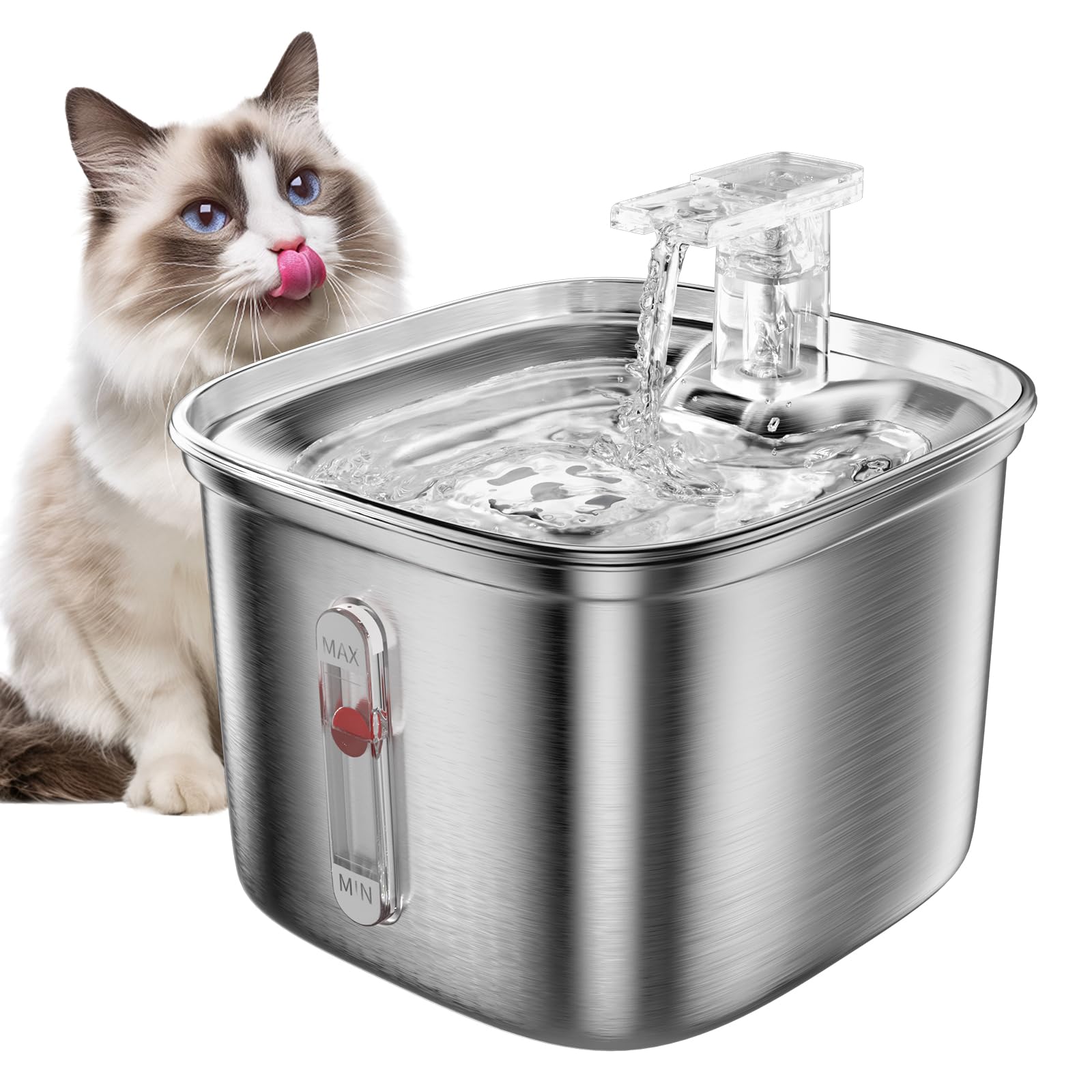 Cat Water Fountain, 74.4oz/2.2L Stainless Steel Cat Fountain for Drinking with Waterfall Effluent, Silent Pet Drinking Dispenser with Float Water Level for Small Animal
