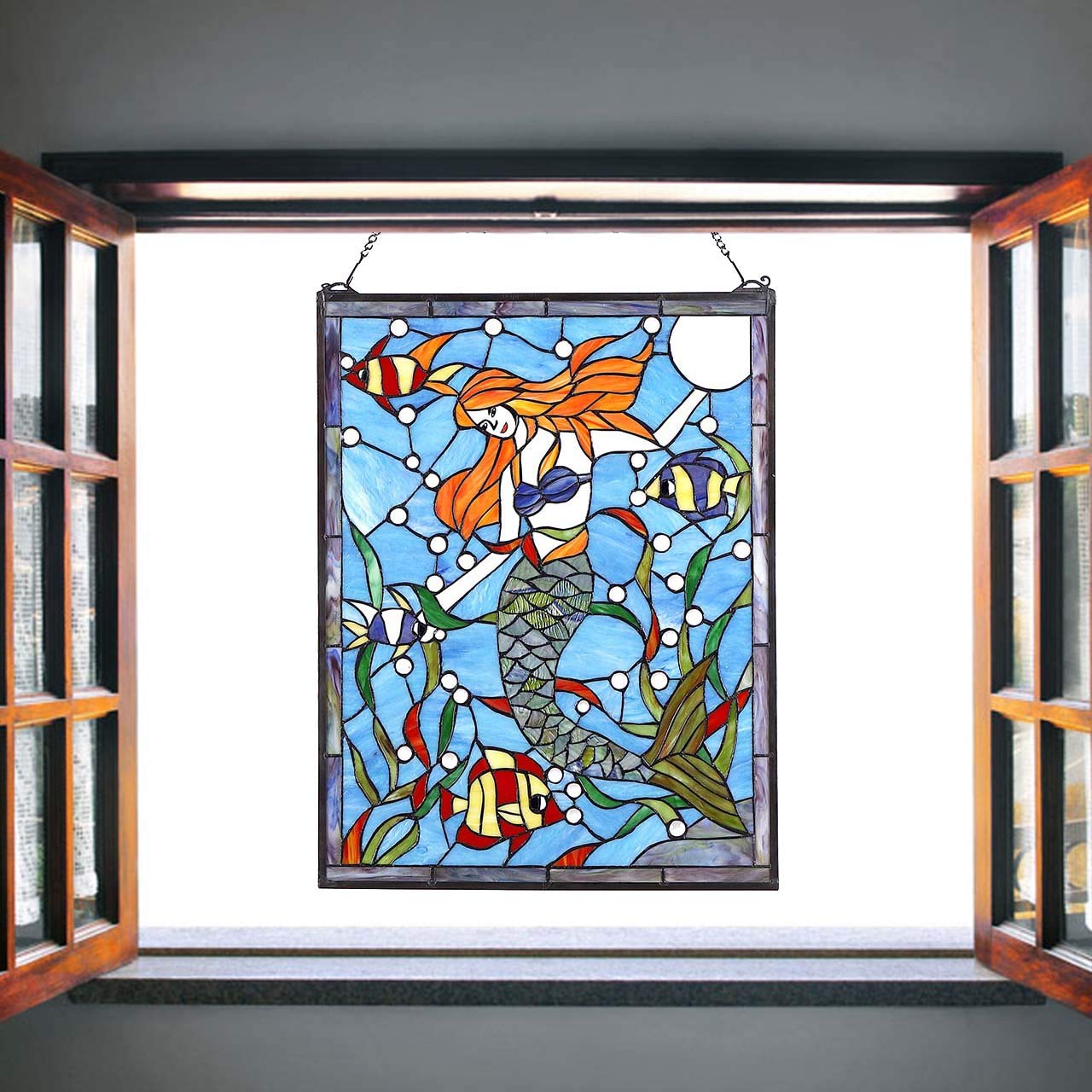 Bieye W10039 Mermaid with Fish Tiffany Style Stained Glass Window Panel, Rectangular Shape, 19