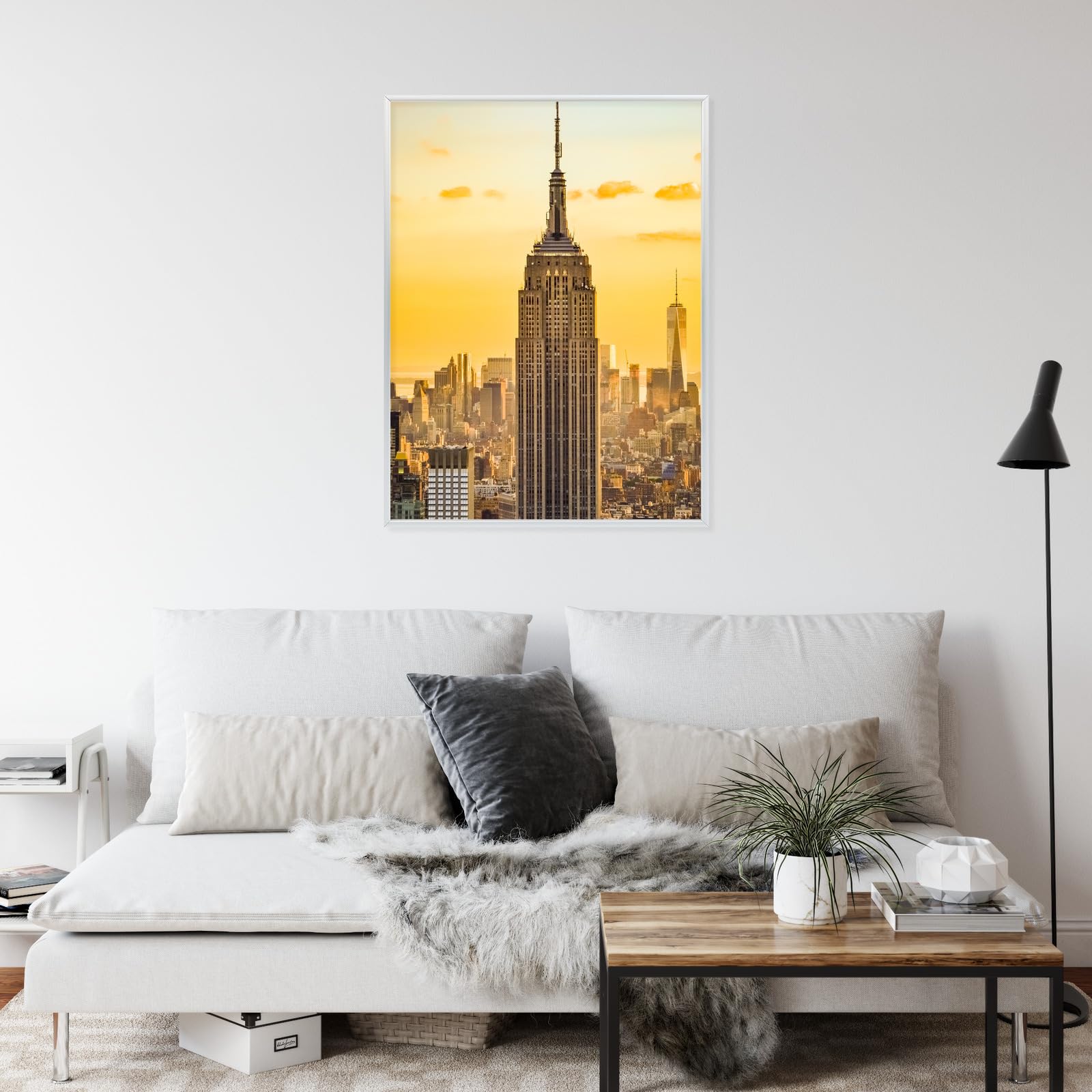 WALLERO Poster New York Top of the Rock al tramonto con Cornice in Alluminio Argentata – Decorazione Moderna da Parete e Stampa Artistica | Decorazione per Soggiorno, Camera da Letto 30x40