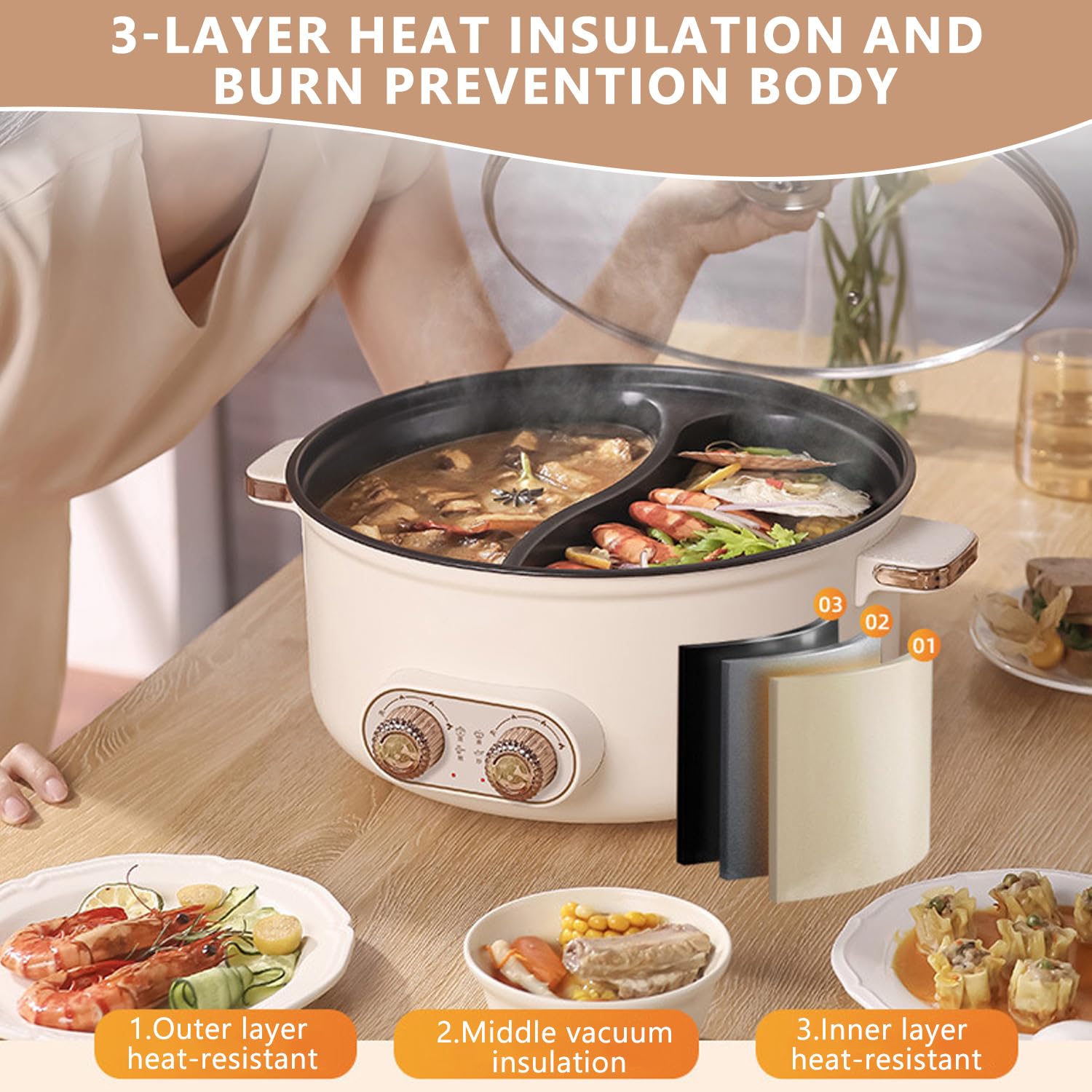 Hot pot électrique, 7,5 L Double Récipient avec Deux Régulateurs, 1600 W, Mijoteuse électrique avec Cloison de Séparation - 3 Vitesses, Hotpot Multifonctionnel pour Rôtir, Préparer des Ramen