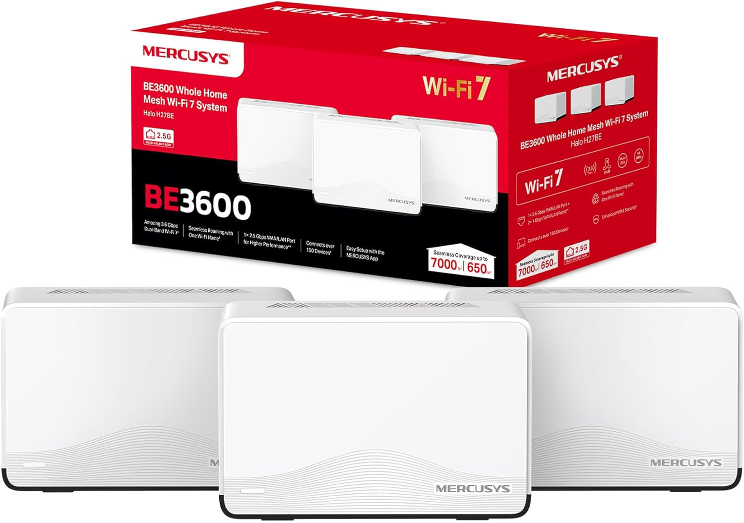 Mercusys TP-Link Halo H27BE Mesh Wi-Fi 7 BE3600Mbps Dual-Band, 2.5G Porta WAN/LAN, 2 Porte LAN Gigabit, Coperti fino a 650m2, 4K-QAM, MLO, Multi-RUs, VPN,Controllo da APP, 3pz - Powerline
