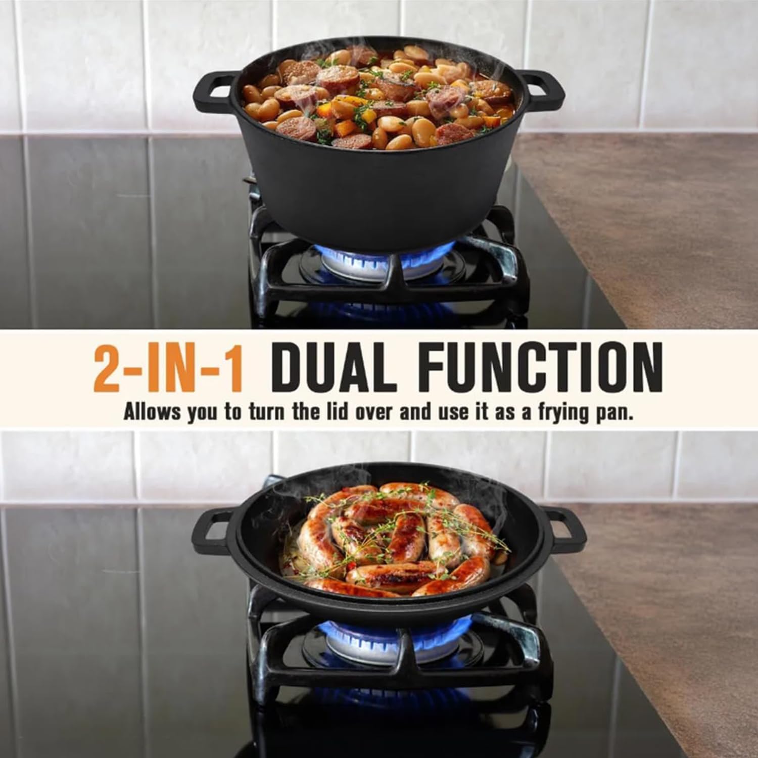Olla de horno holandés de hierro fundido de 5QT (Kit de inicio para masa madre con cesta de fermentación, cuchilla y tapa - Ideal para hornear pan) (Cocina familiar, freír, guisar y barbacoa)