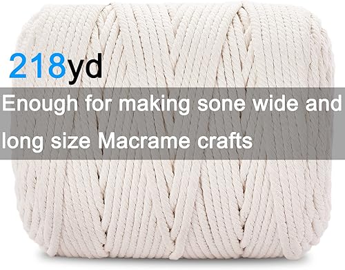 Miniatura 3 de AIFUN Cordón de macramé de 6 mm x 218 yardas, cuerda de macramé de algodón natural - 4 hebras de cordón de algodón trenzado para colgar en la pared,