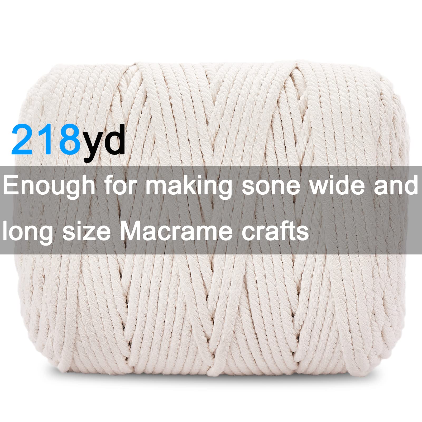Sznurek do makramy, 6 mm x 218 metrów, naturalna bawełniana lina do makramy, 4 żyłki, skręcona makrama, bawełniany sznurek do zawieszania na ścianie, wieszaków na rośliny, rzemiosła, pakowania prezentów i dekoracji ślubnych (6 mm x 200 m)