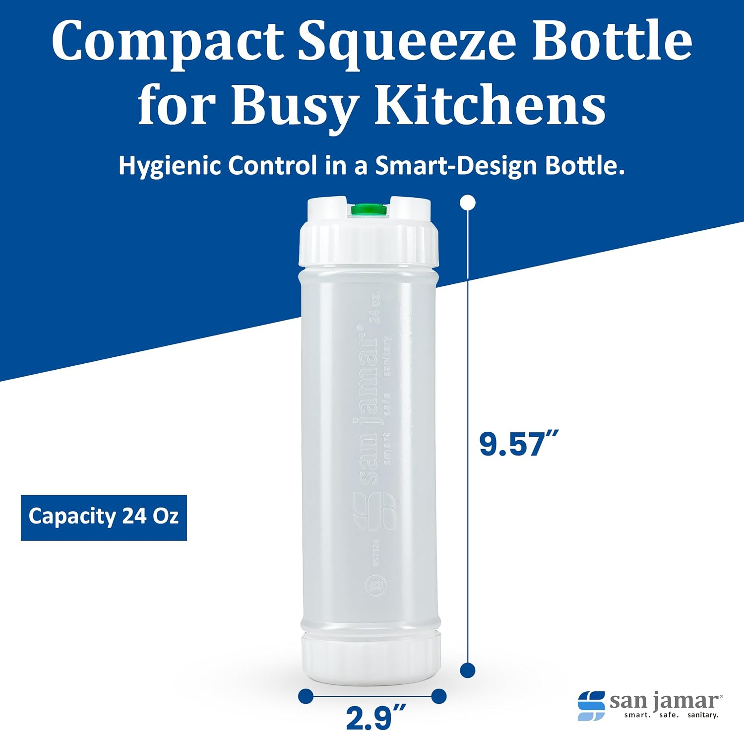 San Jamar EZ-KLEEN Squeeze Sauce Bottle, Thin Dispensing for Light Sauces, Premium BPA Free, 24 Ounce Capacity, Green Valve (Pack of 6)