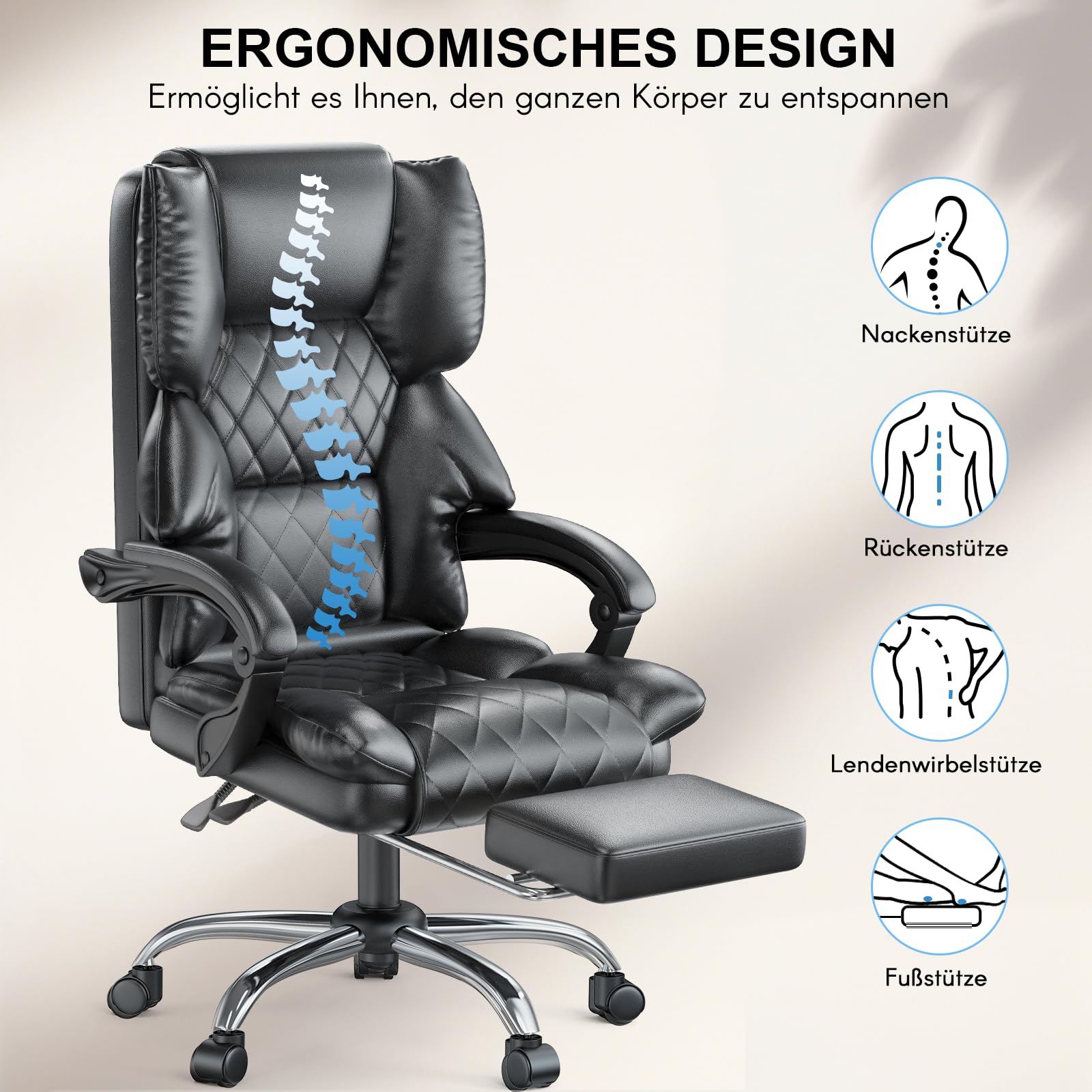 naspaluro Chefsessel Bürostuhl mit Fußstütze, Schreibtischstuhl Ergonomisch, PU Leder Computerstuhl mit Gepolsterter Armlehnen und Weicher Kopfstütze Neigefunktion, Höhenverstellbar Drehstuhl, Schwarz