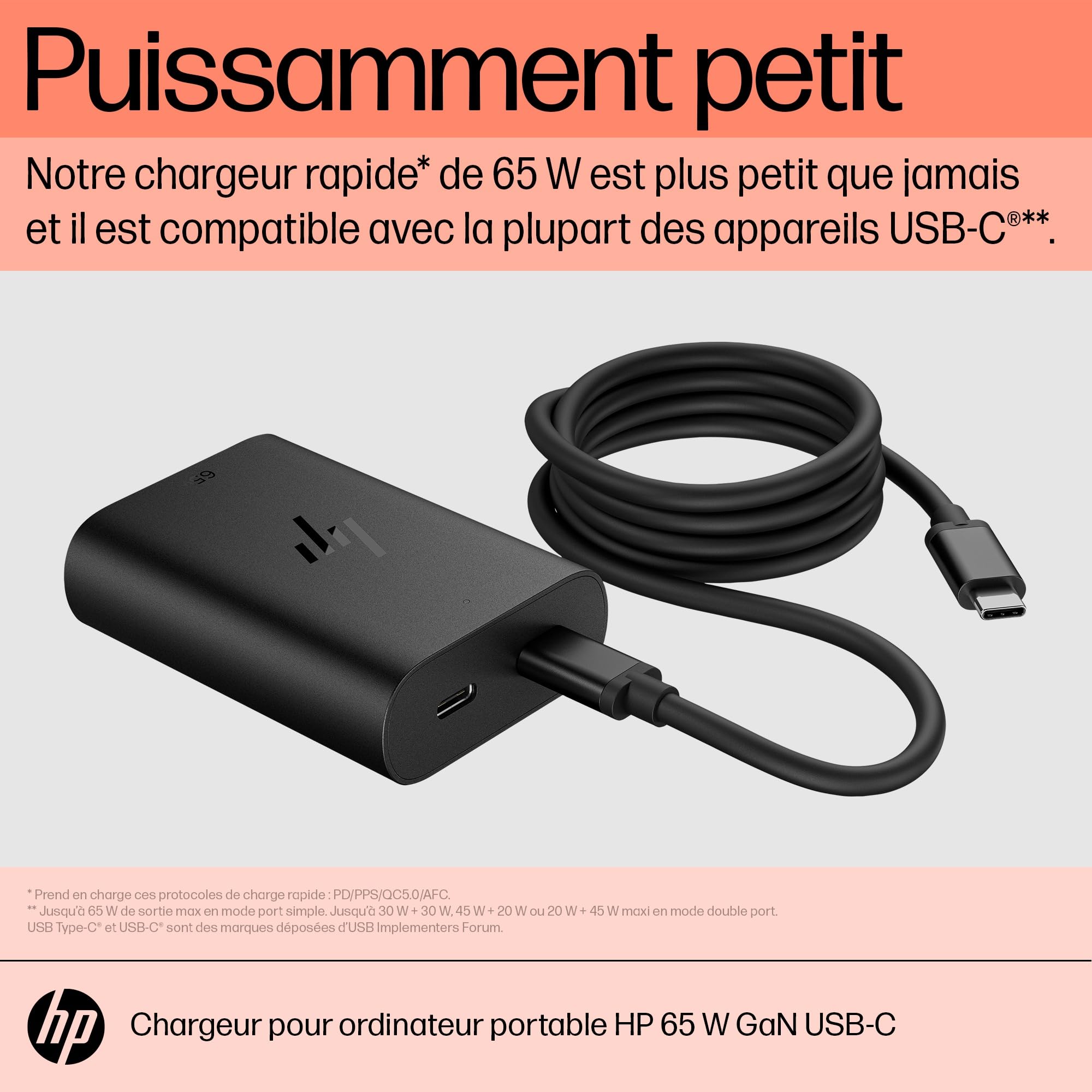HP Alimentation pour Ordinateur Portable USB-C 65 W, Compatible avec Les PC HP équipés d'un Port USB-C, Noir