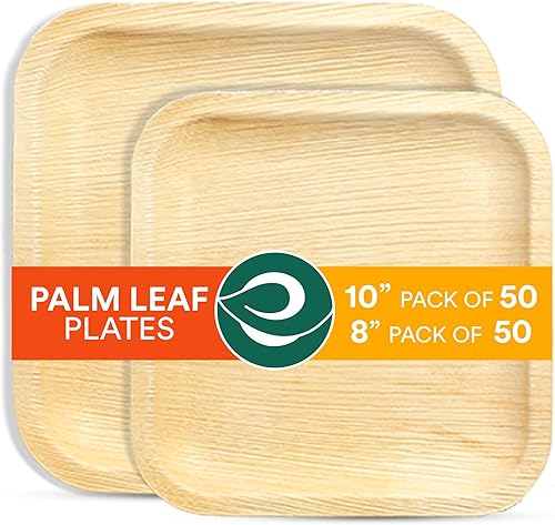 ECO SOUL Paquete de hojas de palmera de 100 unidades (8 y 10 pulgadas) | Plato de hoja de palma cuadrado de 10 pulgadas, 50 unidades y placa de hoja