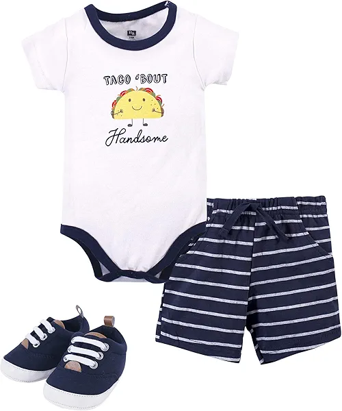 Hudson Baby Unisex Baby Cotton Bodysuit, Shorts and Shoe Set
